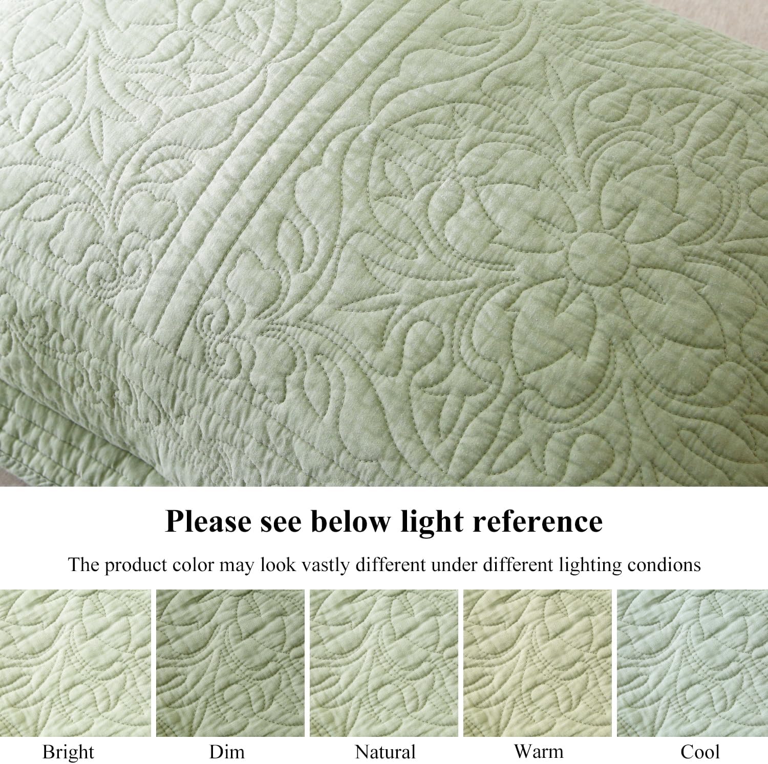 WINLIFE 100% Cotton Quilted Pillow Sham Floral Printed Pillow Cover Sage Green, Standard Size, 20 x 26 Inch