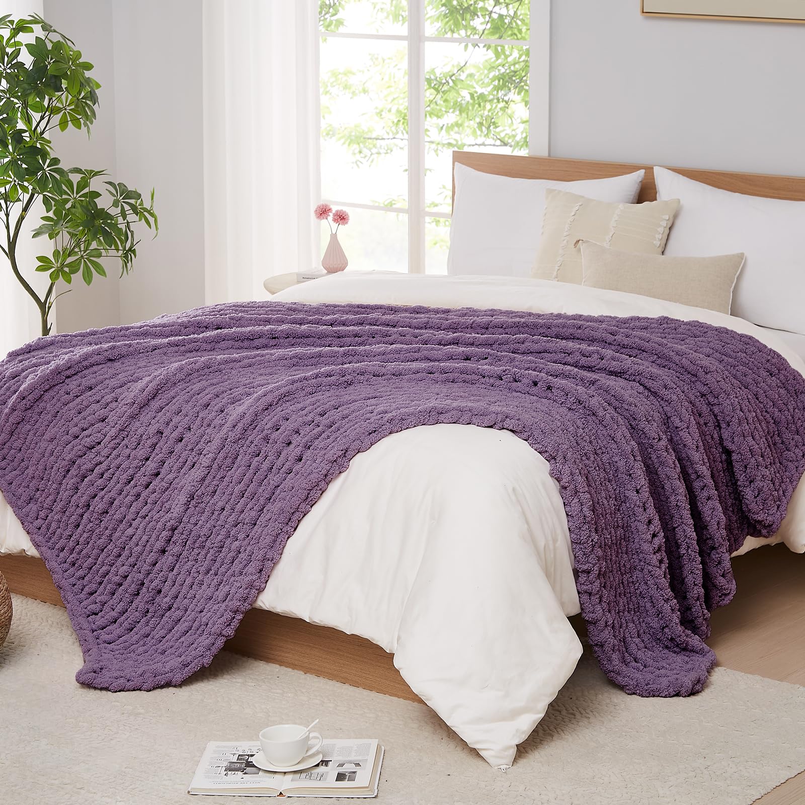 L'AGRATY Chunky Knit Blanket Throw,Soft Chenille Yarn Throw Blanket 50x60，Handmade Cable Knit Crochet Blanket,Large Knit Blankets Chunky Yarn,Rope Knot Throw Blanket for Couch Sofa Bed Home Decor