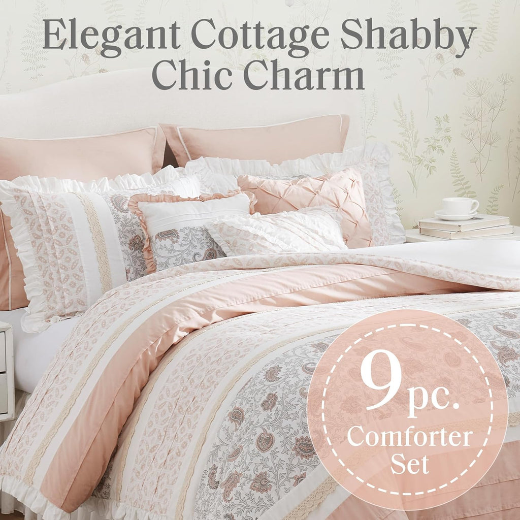 Madison Park Dawn 100% Cotton Shabby Chic Comforter Set-Modern Cottage Design All Season Down Alternative Bedding, Matching Shams, Bedskirt, Decorative Pillows, Cal King(104"x92"), Blush 9 Piece