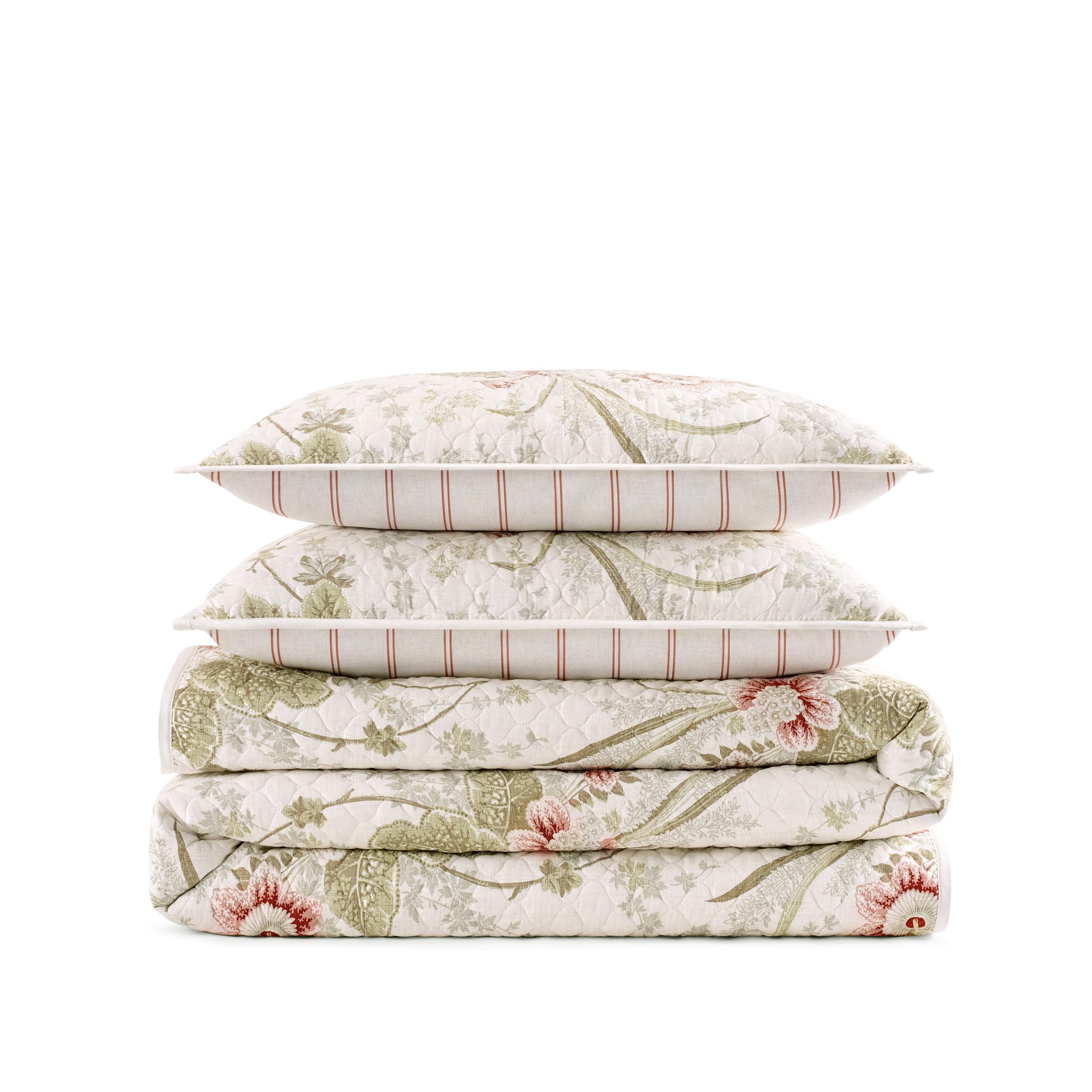 Waverly Charleston Chirp 4 Piece Quilt Set - 100% Cotton Light Weight Bedding with Bed Skirt & 2 Pillow Shams - Full/Queen Papaya