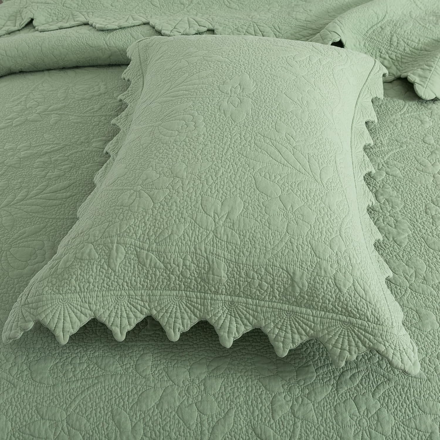 Brandream Standard Size Quilted Pillow Shams Cotton Set of 2 Sage Green Farmhouse Scallop Edge Decorative Pillow Covers