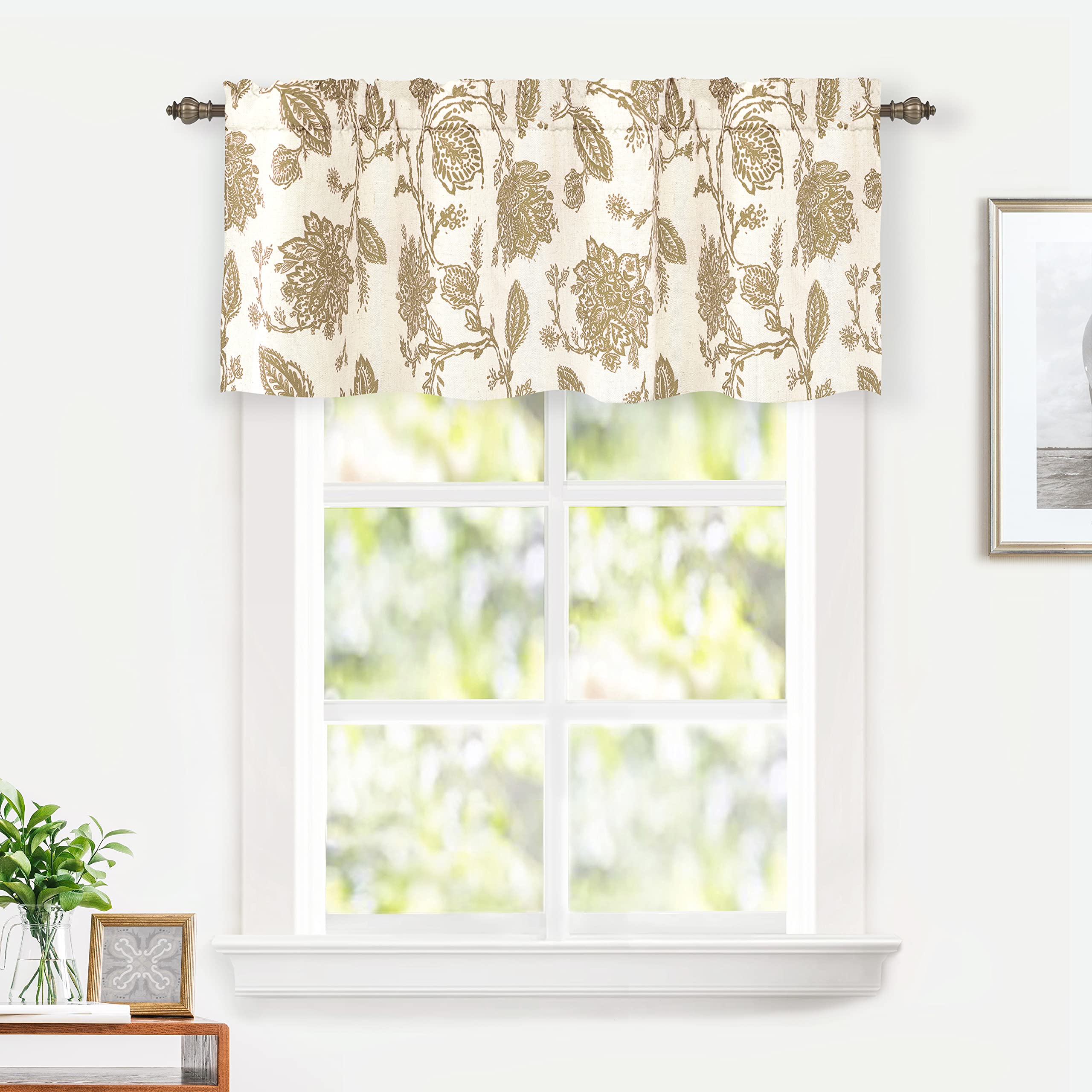 DriftAway Boho Linen Blend Kitchen Valance Curtain Blackout 18 Inch for Living Room Lined Rod Pocket Floral Farmhouse Country Short Curtains for Small Windows 1 Panel