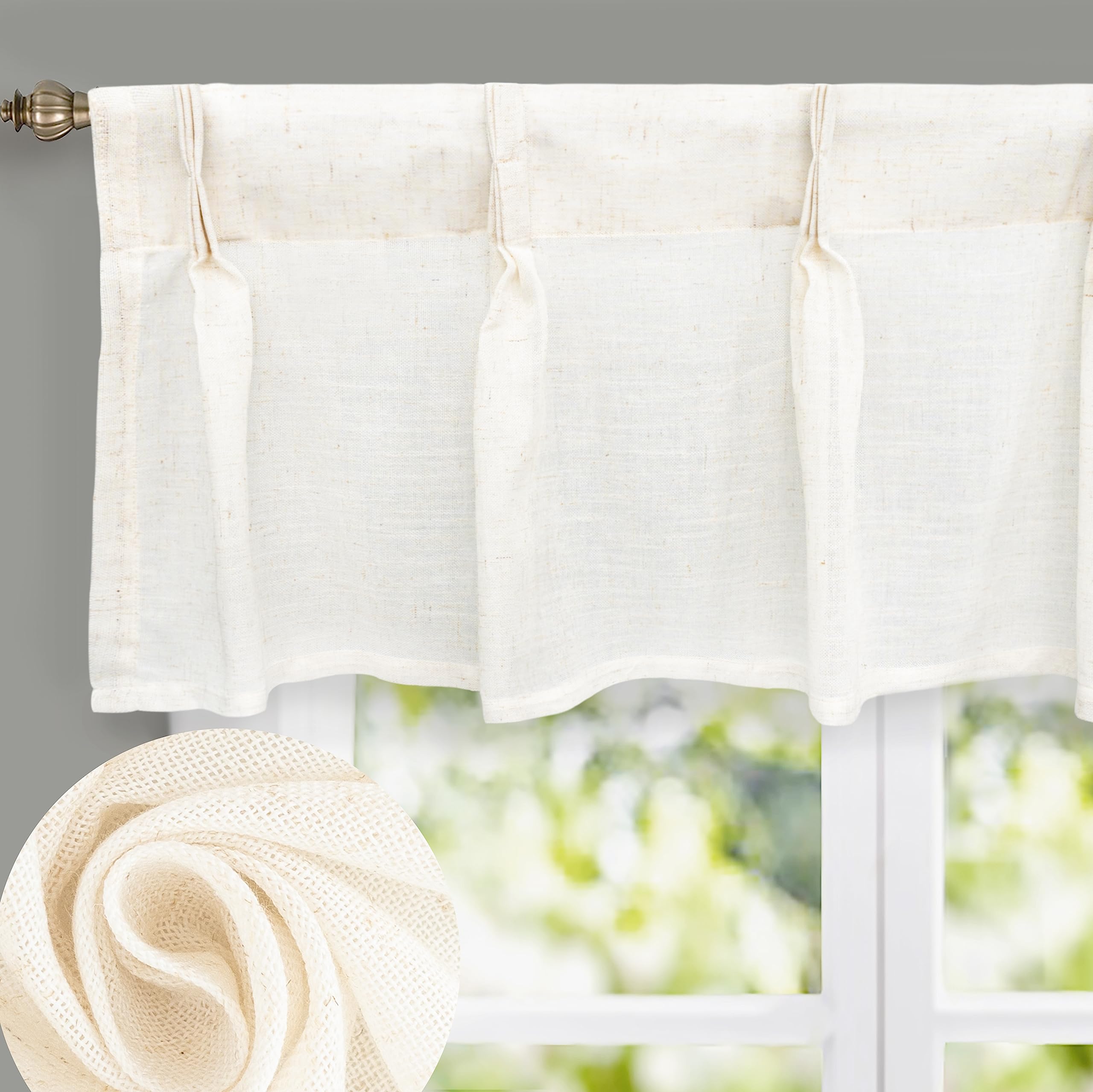 DriftAway Pinch Pleat Valance for Kitchen Window Linen Textured Valance for Living Room Farmhouse Semi Sheer Linen Curtain Valance Window Treatment Back Tabs 50 Inches by 16 Inches Light Linen