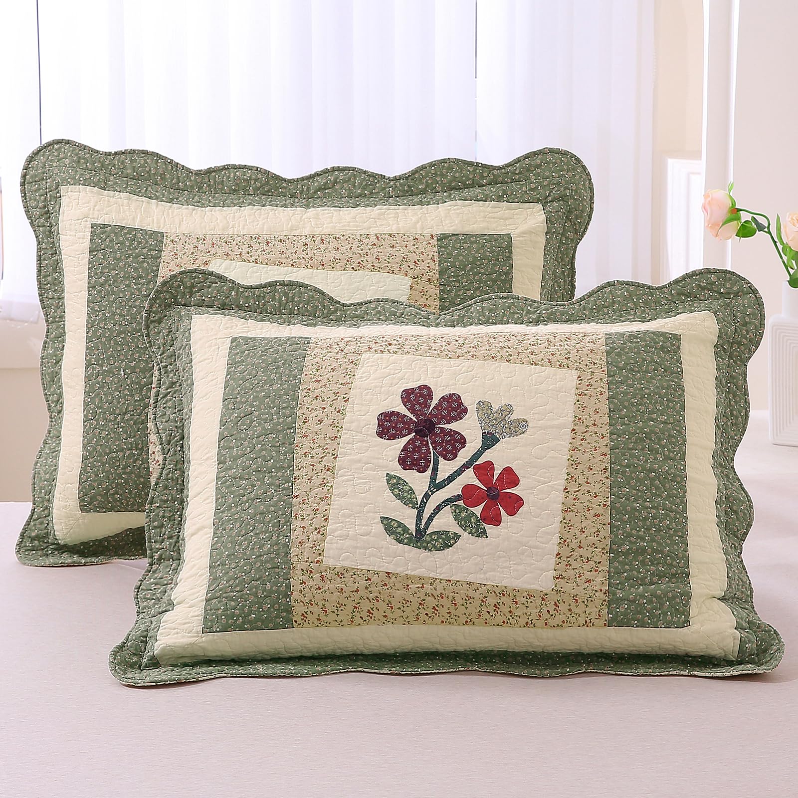vctops 2-Piece Elegant Floral Embroidered Pillow Shams Queen Size 100% Cotton Quilted Decorative Pillow Shams Set (Cream,20"x28")