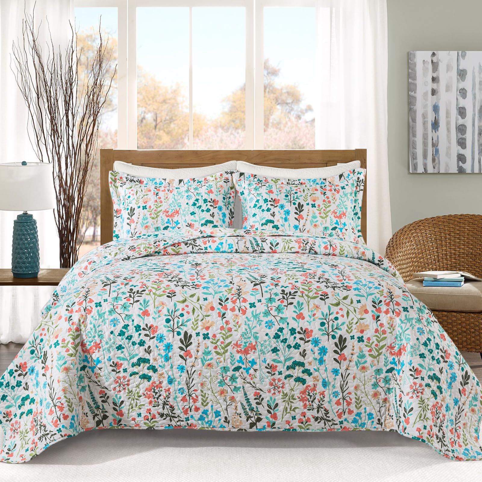 VAPUTAR Quilt King Bedding Set - Soft Cotton Quilts with Paisley Floral Pattern - Lightweight Reversible Bedspreads for Farmhouse (3 Pieces, Bright Teal)