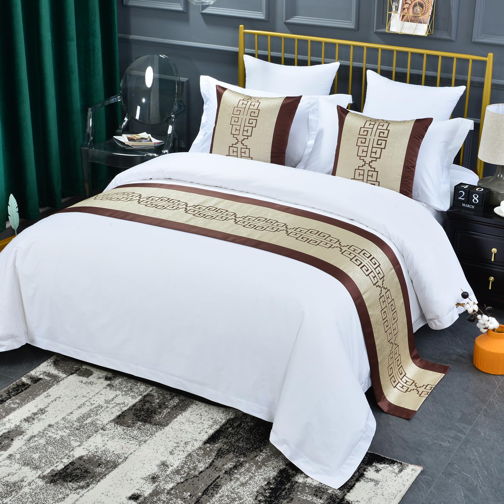 Chinese Style Bed Runner Scarf, Color Woven Jacquard Bedspreads Luxury Bedding Cover Decor for Hotel Wedding Room, Khaki Gold, 50 * 240cm for 1.8m Bed