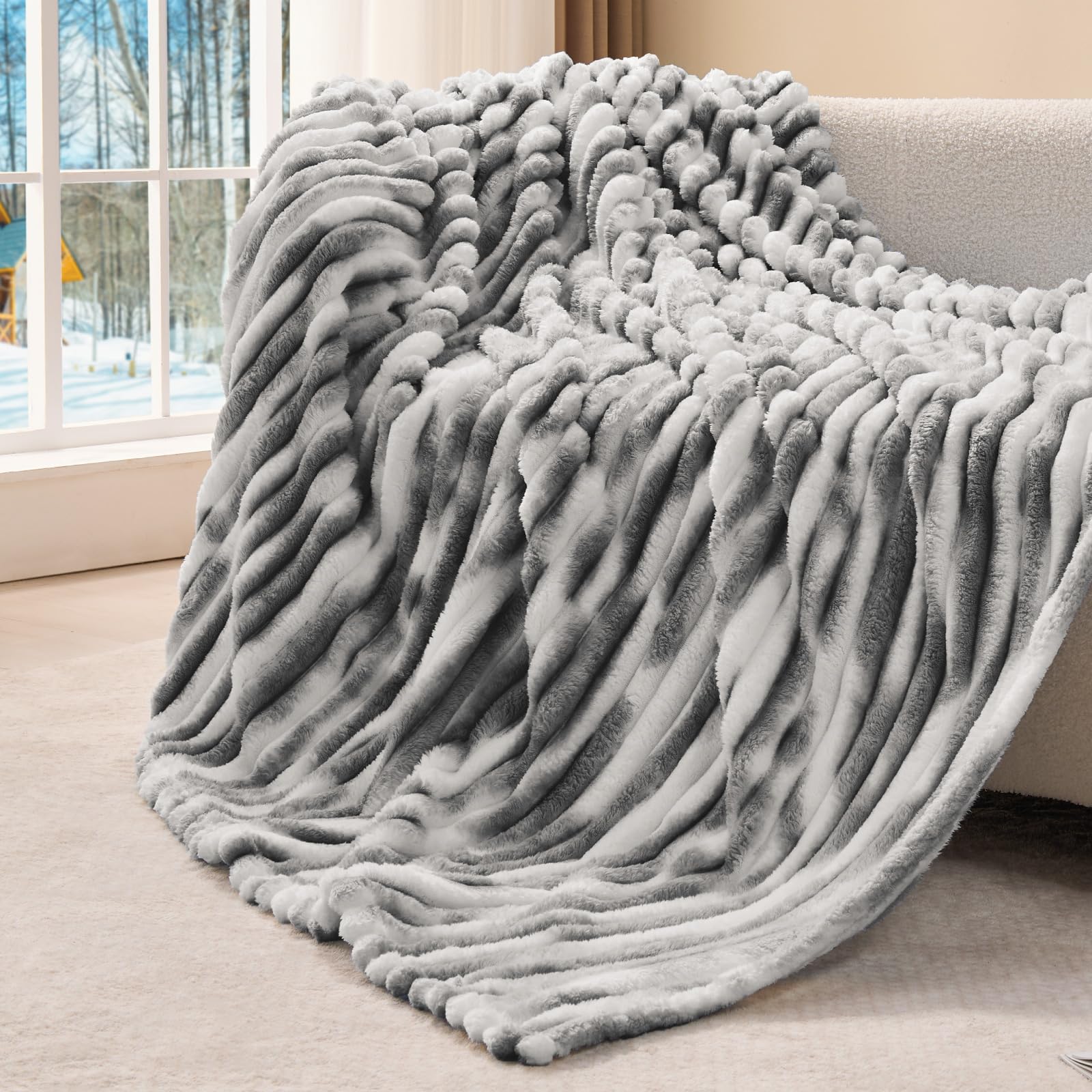 BEDELITE Fleece Throw Blanket for Couch - 300GSM Soft & Warm Fluffy Cream White Blanket, Decorative and Giftable Striped Blankets for Women, Men, 50"x60"