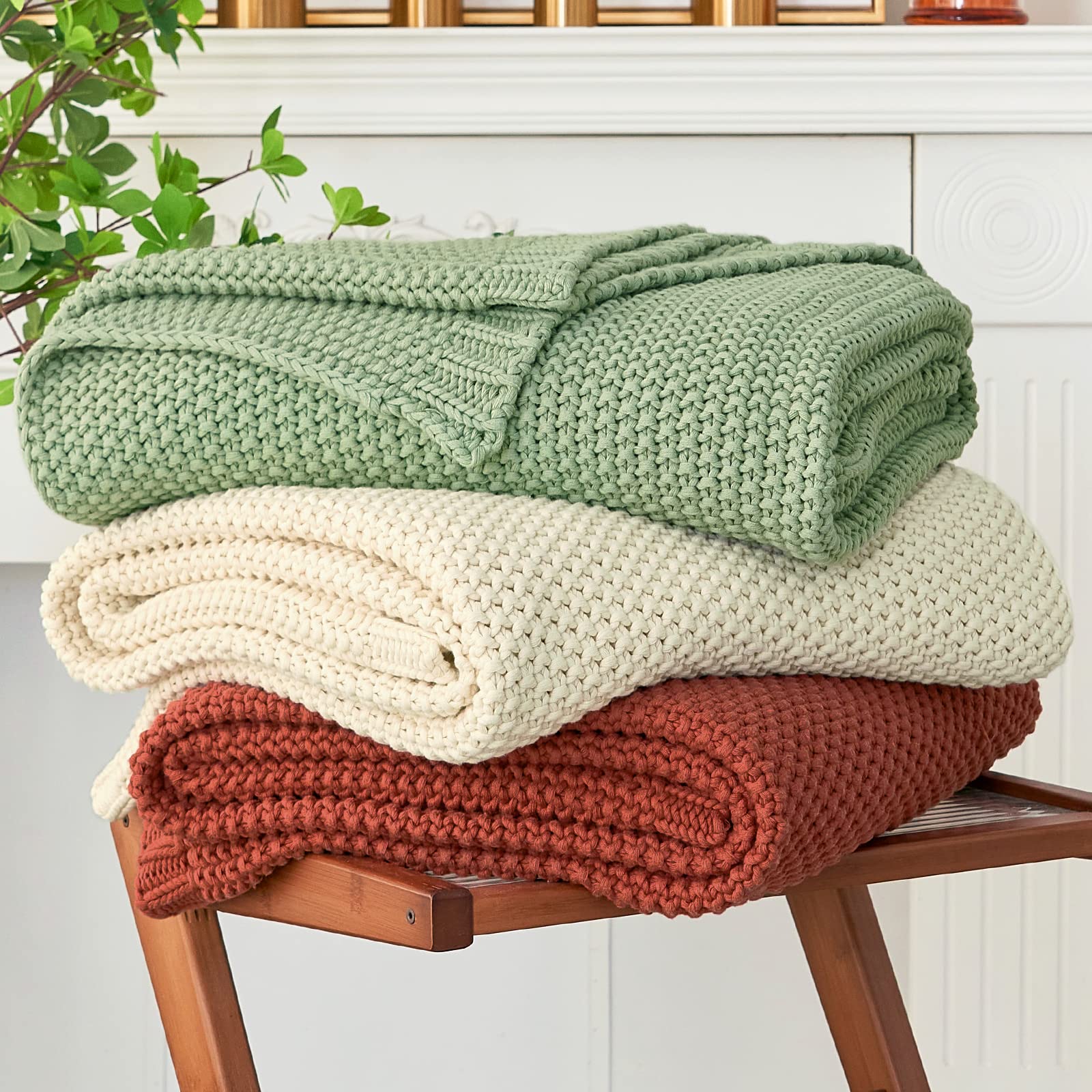 Longhui bedding Chunky Cable Knit Throw Blanket Lightweight Olive Green 100% Organic Cotton Blanket for Sofa Couch Bed Baby Nursery, Rustic Shabby Chic Modern Farmhouse, 51” x 63” Give Laundering Bag