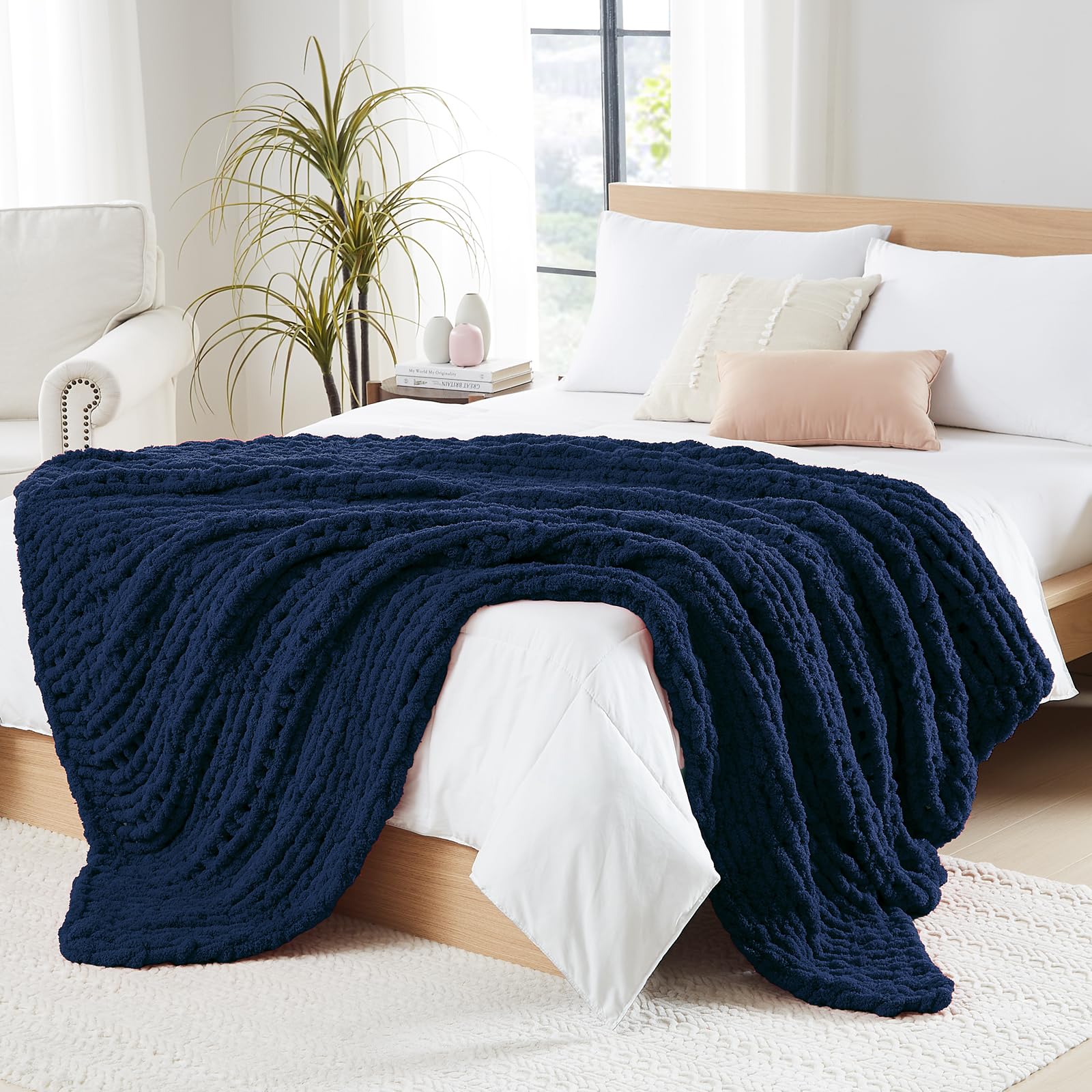 L'AGRATY Chunky Knit Blanket Throw,Soft Chenille Yarn Throw Blanket 50x60，Handmade Cable Knit Crochet Blanket,Large Knit Blankets Chunky Yarn,Rope Knot Throw Blanket for Couch Sofa Bed Home Decor
