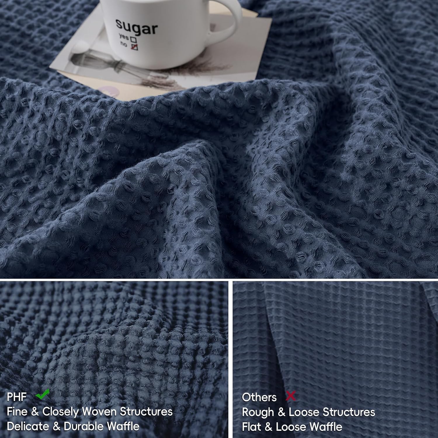 PHF 100% Cotton Waffle Pillow Shams Standard Size, 2 Pack 20" x 26" Soft Skin-Friendly and Breathable Pillowcases, No Filling, Aesthetic Woven Waffle Weave Pillow Covers for Bed, Dark Navy