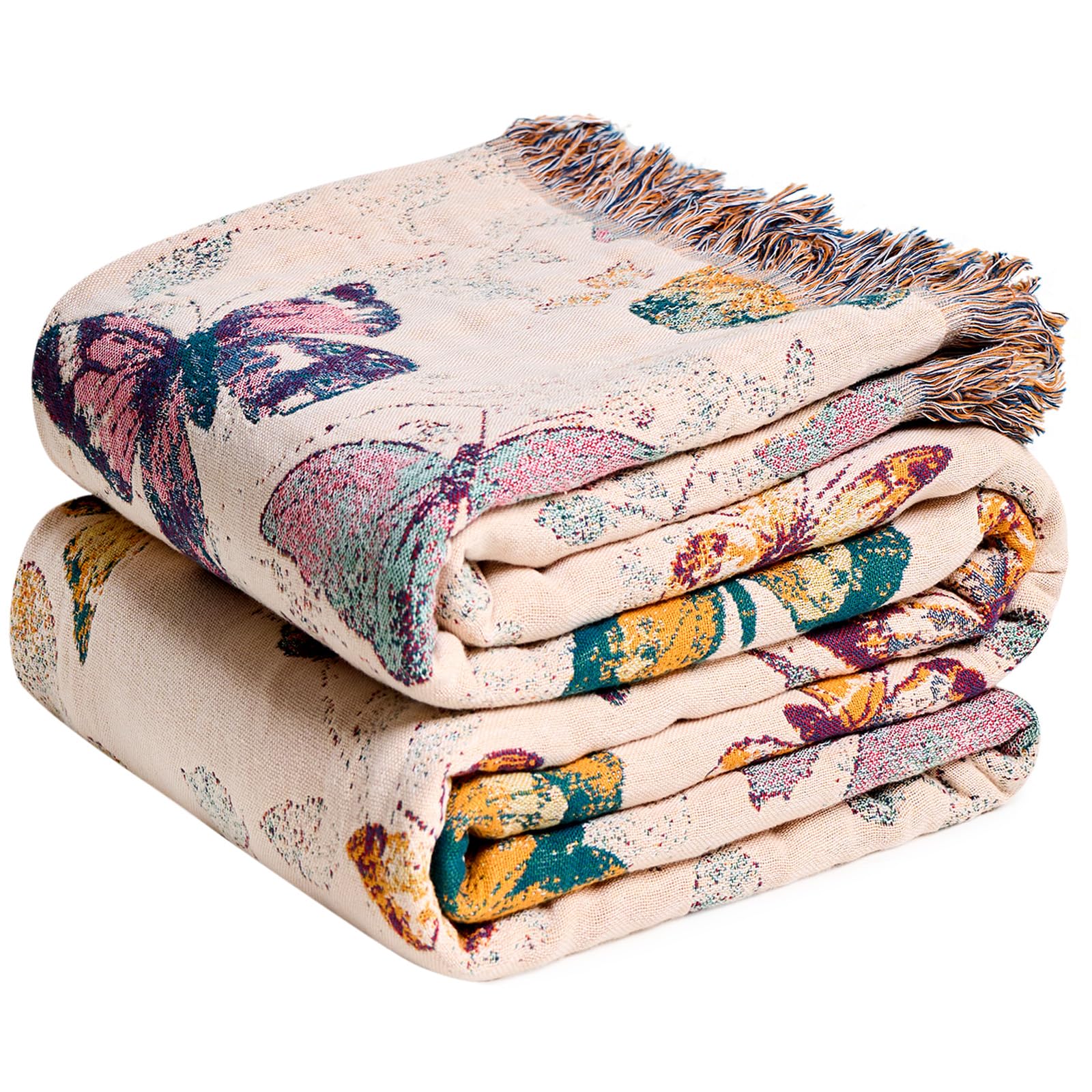 MSGKV Boho Throw Blanket 60''x80'',100% Cotton Blanket for Couch Bed, Summer Breathable Quilt Farmhouse Home Decor Soft Lightweight Picnic Blankets