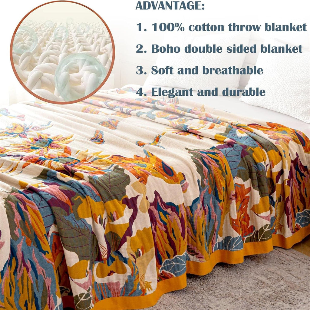 MSGKV Boho Throw Blanket 60''x80'',100% Cotton Blanket for Couch Bed, Summer Breathable Quilt Farmhouse Home Decor Soft Lightweight Picnic Blankets