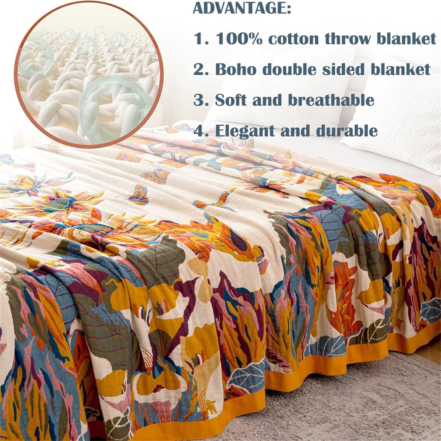 MSGKV Boho Throw Blanket 60''x80'',100% Cotton Blanket for Couch Bed, Summer Breathable Quilt Farmhouse Home Decor Soft Lightweight Picnic Blankets