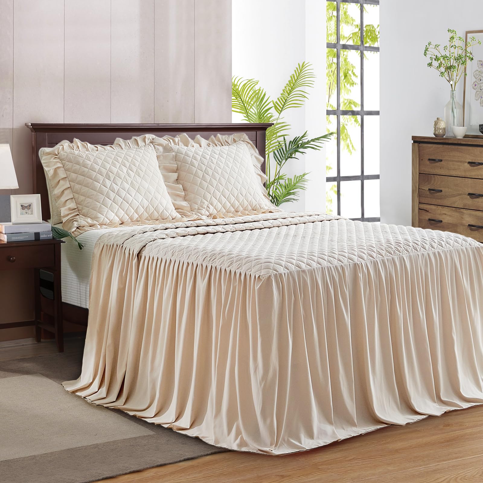 Ruffle Skirt Bedspread Set - 30" Long Drop - Vintage Chic Ruffled Summer Coverlet Bed Spreads Quilt Boho Bedding Farmhouse Style Lightweight Luxurious Rustic 2 Piece Set Twin Size Black