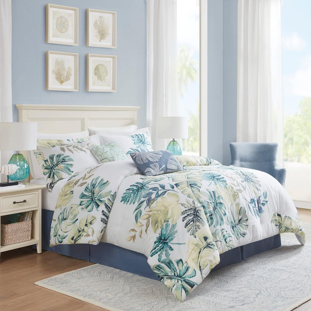 Harbor House Cozy Cotton Comforter Set - Coastal, All Season Down Alternative Casual Bedding with Matching Shams, Decorative Pillows, Lorelai, Monstera Leaf Green Queen(92"x96") 6 Piece