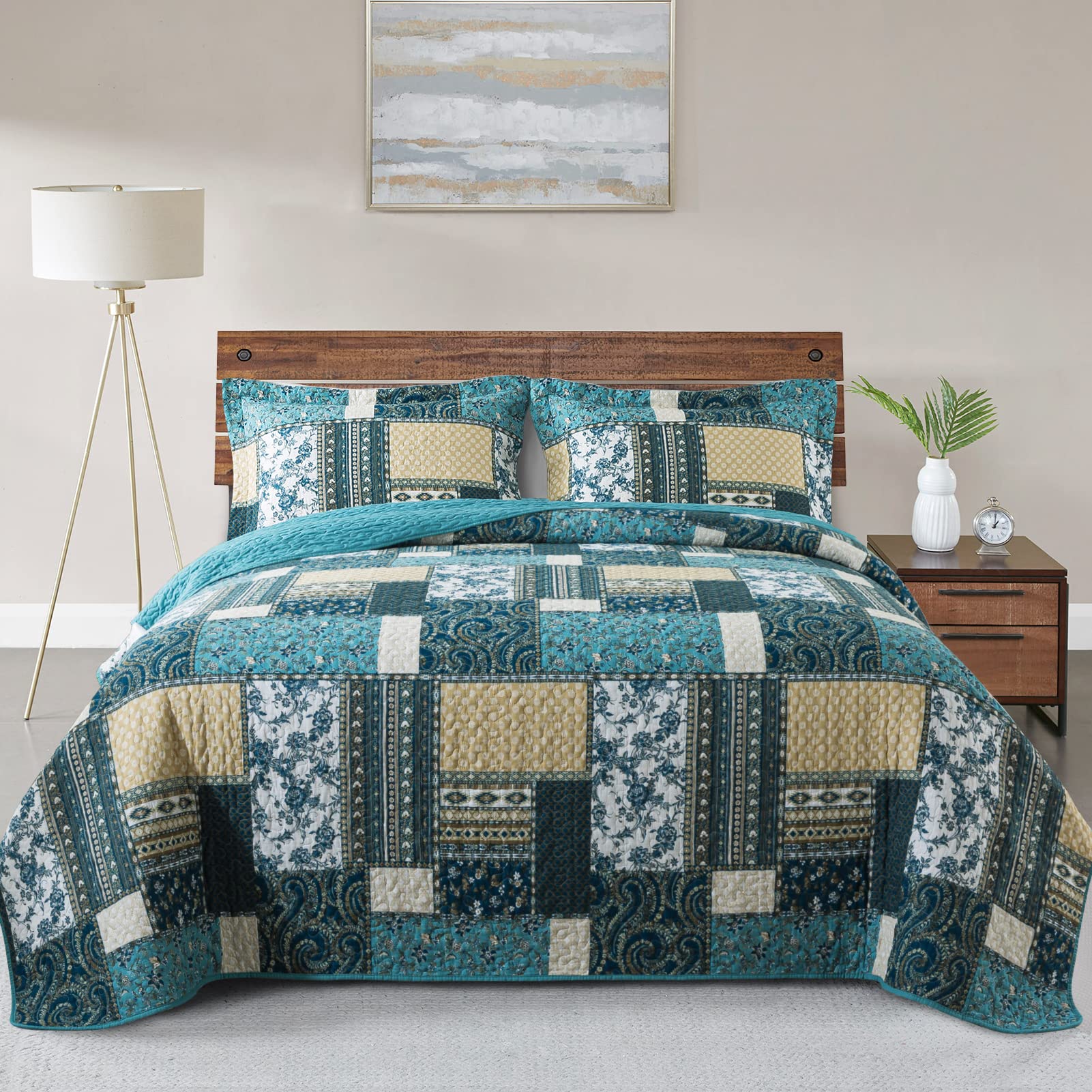 VAPUTAR Quilt King Bedding Set - Soft Cotton Quilts with Paisley Floral Pattern - Lightweight Reversible Bedspreads for Farmhouse (3 Pieces, Bright Teal)
