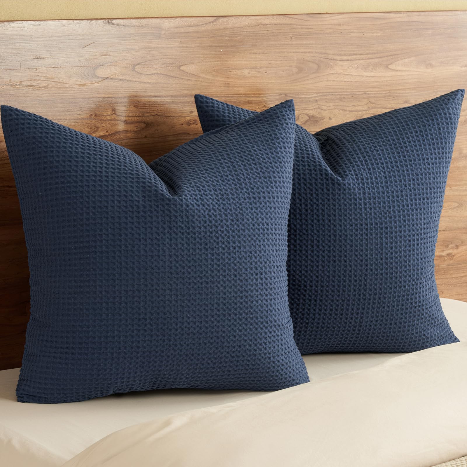PHF 100% Cotton Waffle Pillow Shams Standard Size, 2 Pack 20" x 26" Soft Skin-Friendly and Breathable Pillowcases, No Filling, Aesthetic Woven Waffle Weave Pillow Covers for Bed, Dark Navy