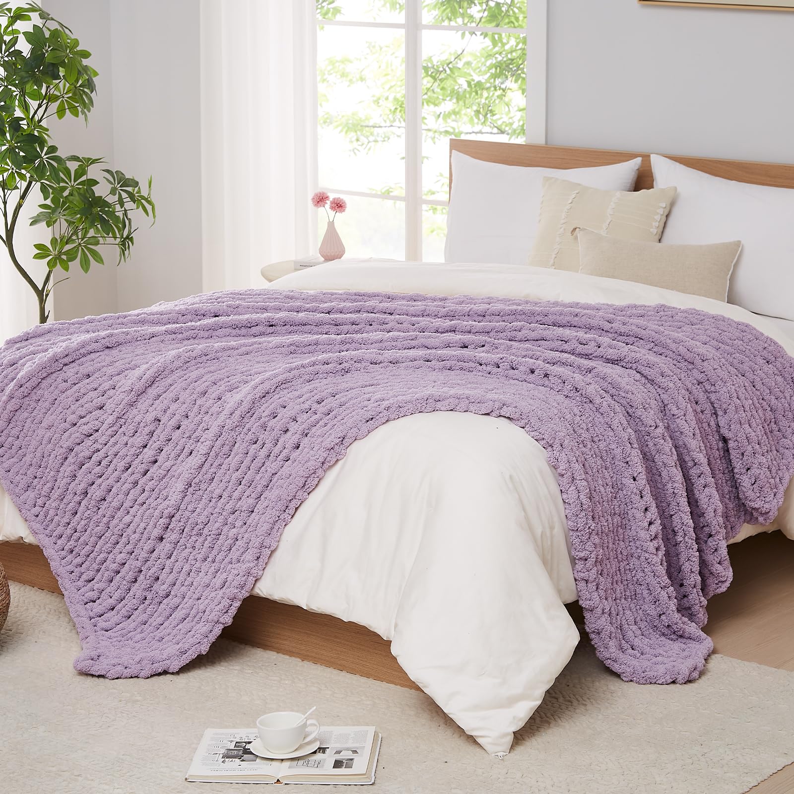 L'AGRATY Chunky Knit Blanket Throw,Soft Chenille Yarn Throw Blanket 50x60，Handmade Cable Knit Crochet Blanket,Large Knit Blankets Chunky Yarn,Rope Knot Throw Blanket for Couch Sofa Bed Home Decor