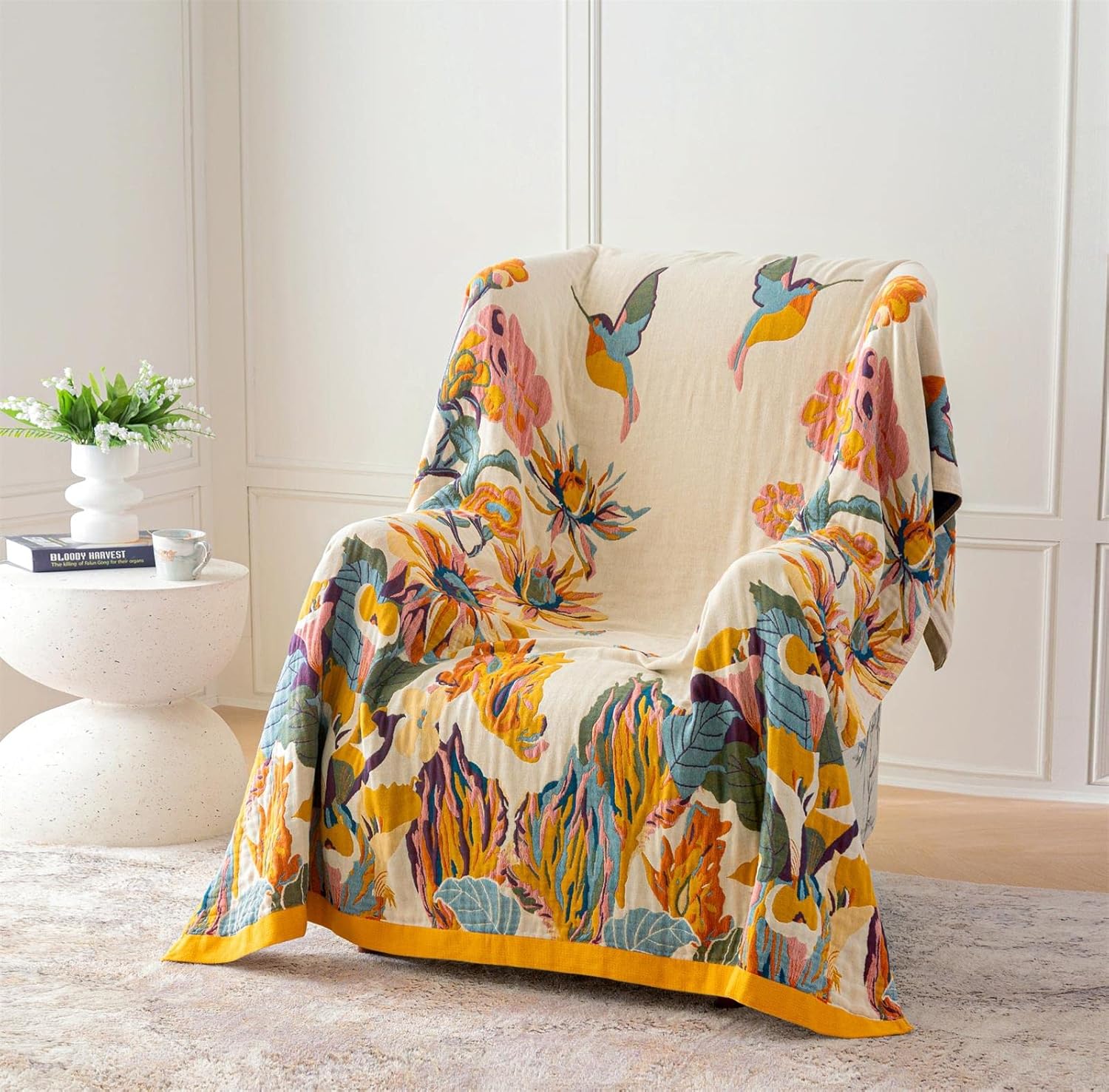 MSGKV Boho Throw Blanket 60''x80'',100% Cotton Blanket for Couch Bed, Summer Breathable Quilt Farmhouse Home Decor Soft Lightweight Picnic Blankets