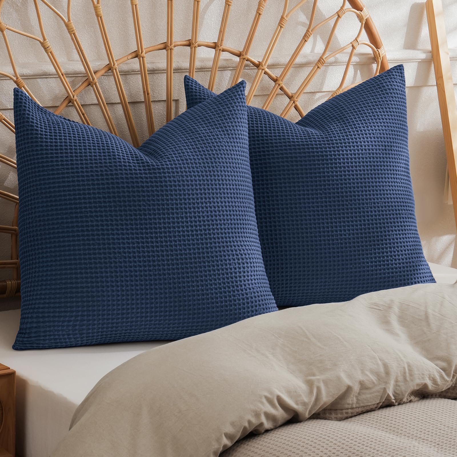 PHF 100% Cotton Waffle Pillow Shams Standard Size, 2 Pack 20" x 26" Soft Skin-Friendly and Breathable Pillowcases, No Filling, Aesthetic Woven Waffle Weave Pillow Covers for Bed, Dark Navy