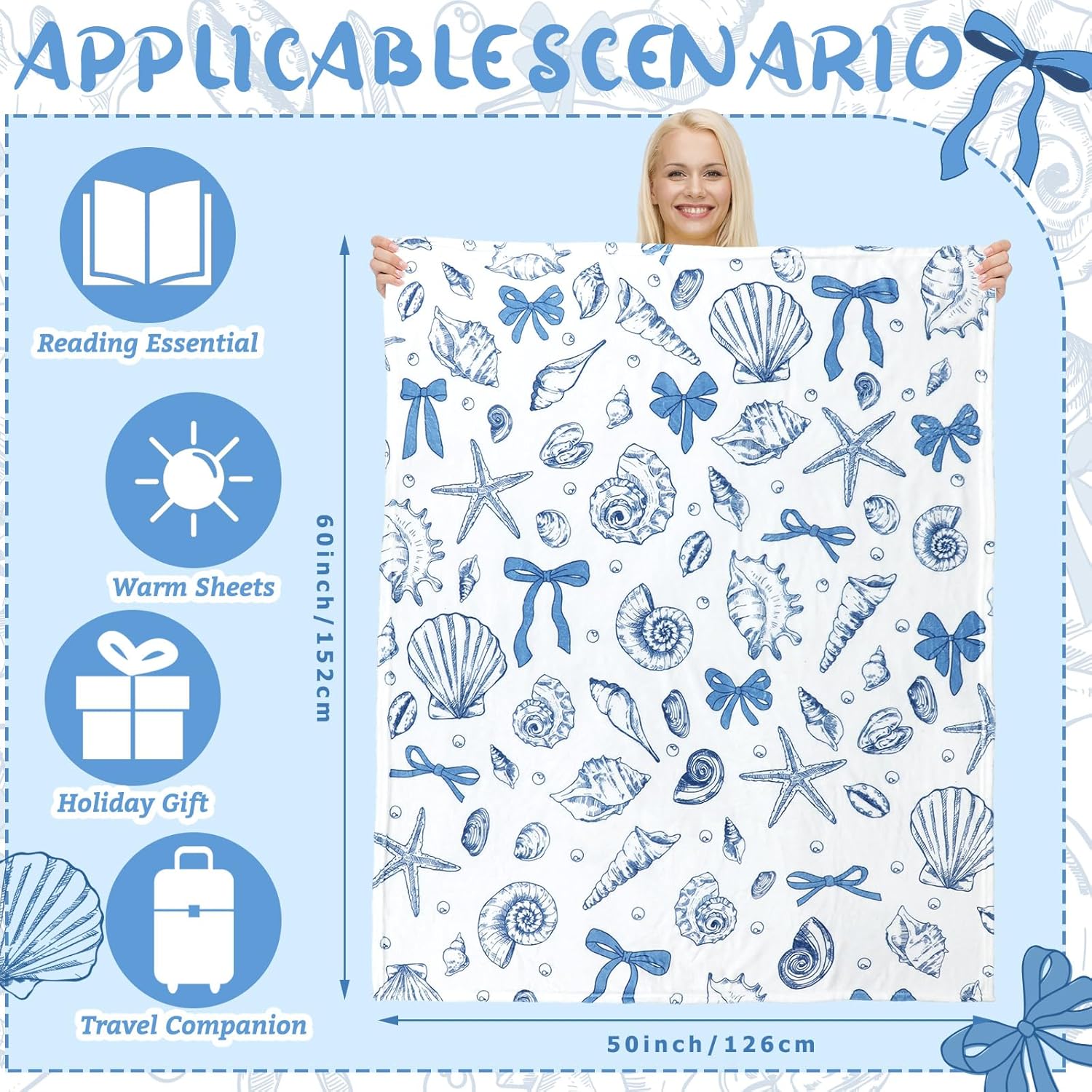 Breling Coastal Ocean Beach Throw Flannel Blanket Blue Seashells Cozy Fuzzy Warm Sea Ocean Throw Blanket Nautical Gift for Couch Sofa Bed Home Decor 60"x50"