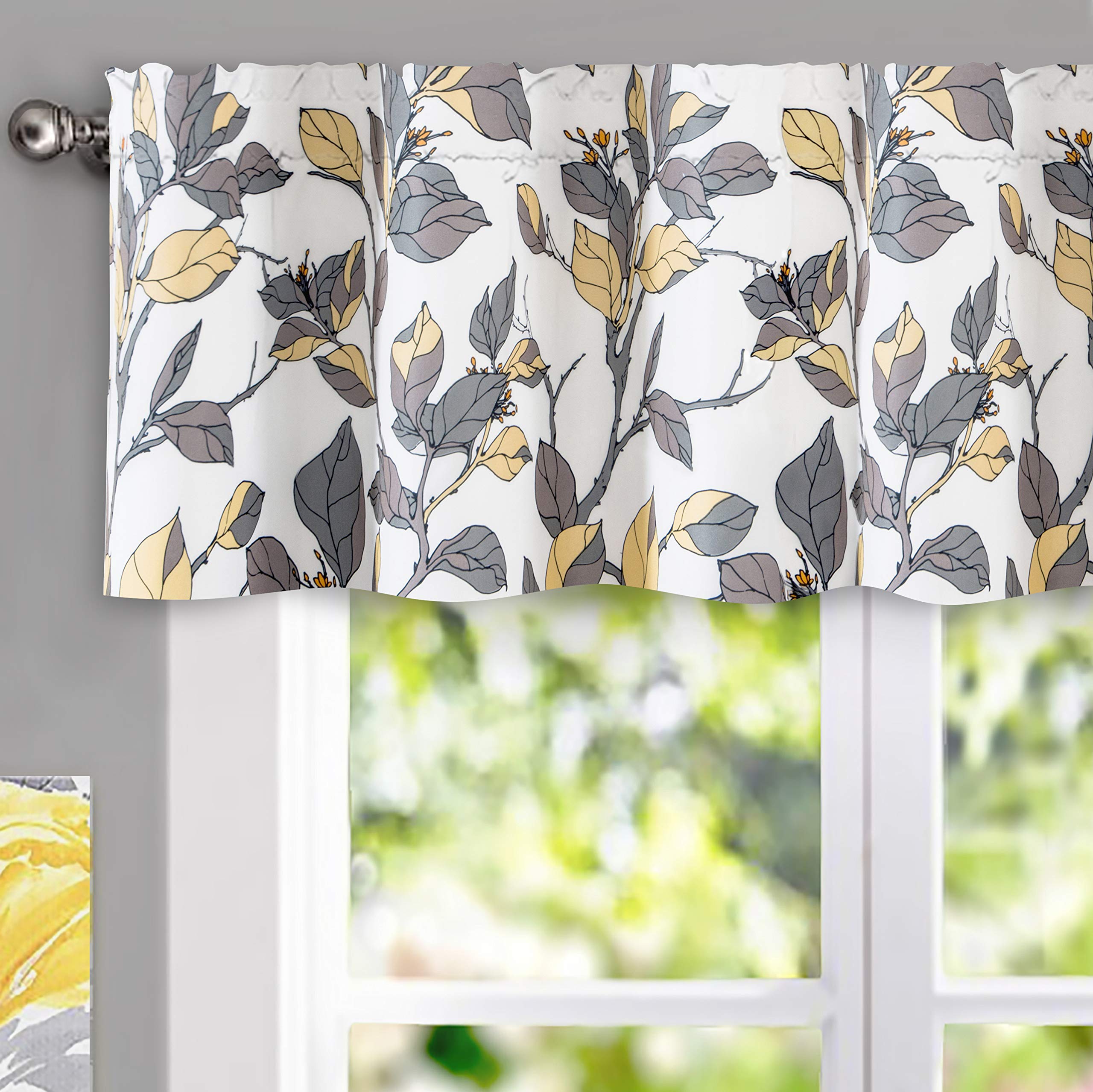DriftAway Ryan Sketch Flower Floral Branch Leaves Lined Thermal Insulated Window Curtain Valance Rod Pocket 52 Inch by 18 Inch Plus 2 Inch Header Yellow Gray