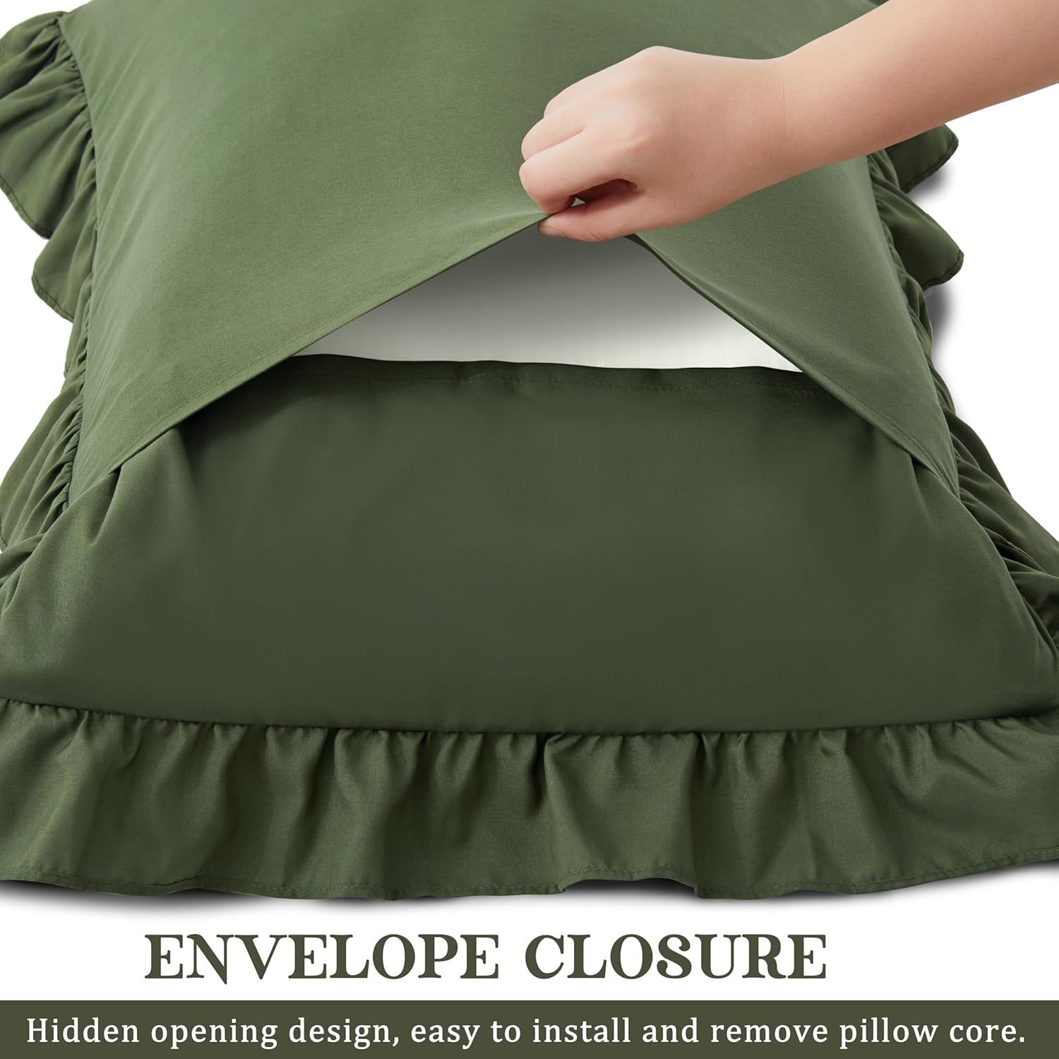 KKJIAF Ruffle Pillow Cases Standard Size Set of 2, Ruffled Pillow Covers with Envelope Closure, Wrinkle Resistant Pillowcases 20" x 26", Ruffled Pillow Shams, Olive Green
