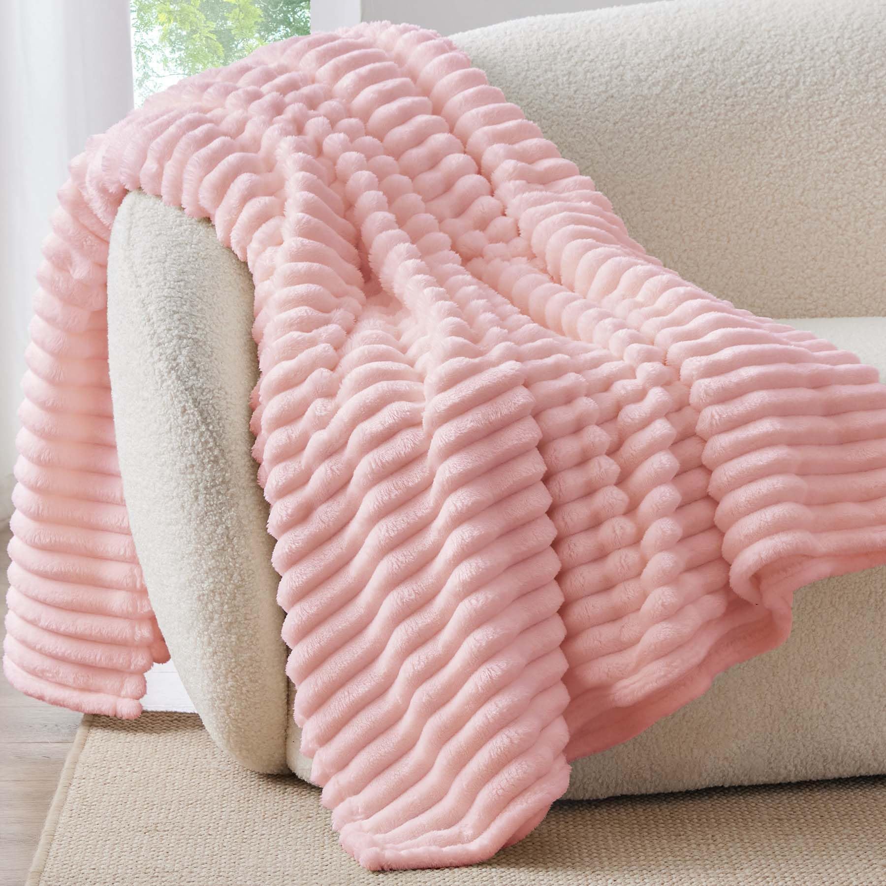 BEDELITE Fleece Throw Blanket for Couch - 300GSM Soft & Warm Fluffy Cream White Blanket, Decorative and Giftable Striped Blankets for Women, Men, 50"x60"