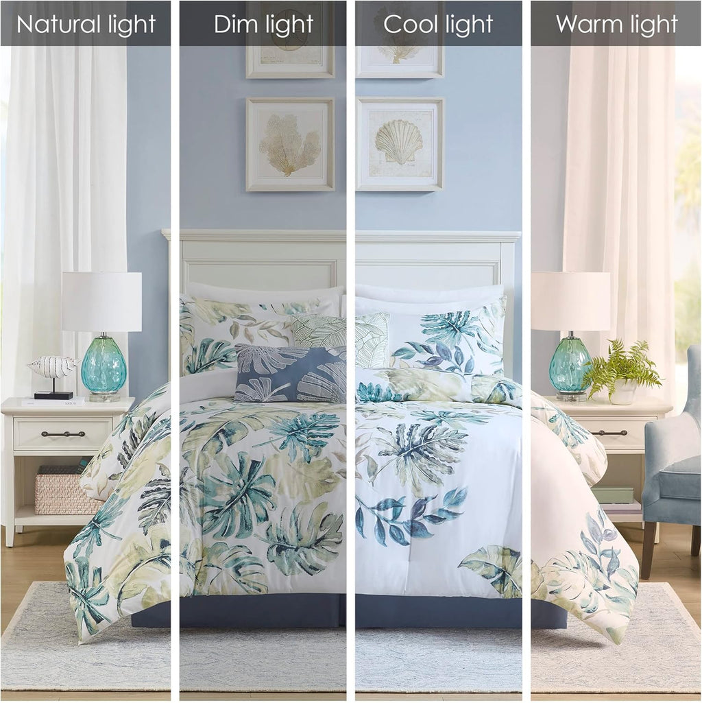 Harbor House Cozy Cotton Comforter Set - Coastal, All Season Down Alternative Casual Bedding with Matching Shams, Decorative Pillows, Lorelai, Monstera Leaf Green Queen(92"x96") 6 Piece