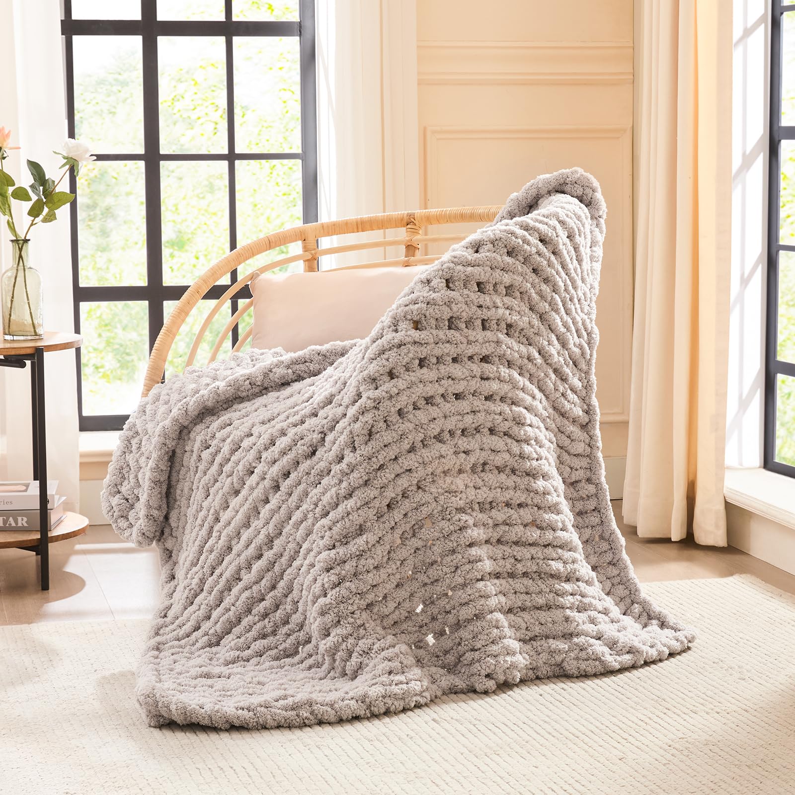 L'AGRATY Chunky Knit Blanket Throw,Soft Chenille Yarn Throw Blanket 50x60，Handmade Cable Knit Crochet Blanket,Large Knit Blankets Chunky Yarn,Rope Knot Throw Blanket for Couch Sofa Bed Home Decor