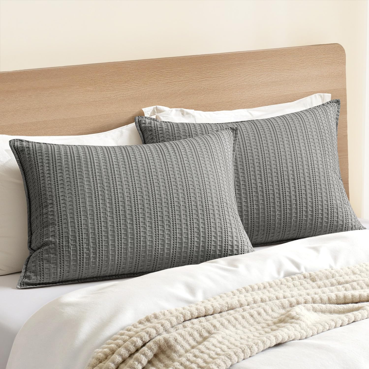 100% Cotton Waffle Pillow Shams Standard Size, 2 Pack 20x26 Decorative Pillow Covers for Bed Couch Sofa, Neutral Weave Cushion Cases Modern Farmhouse Home Decor, Oatmeal