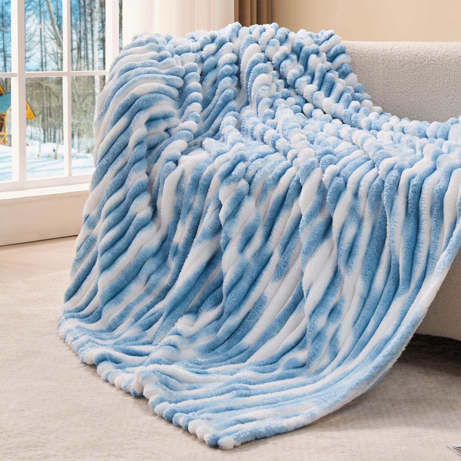 BEDELITE Fleece Throw Blanket for Couch - 300GSM Soft & Warm Fluffy Cream White Blanket, Decorative and Giftable Striped Blankets for Women, Men, 50"x60"
