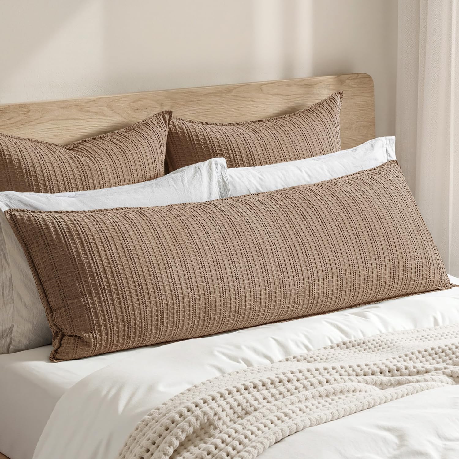 100% Cotton Waffle Pillow Shams Standard Size, 2 Pack 20x26 Decorative Pillow Covers for Bed Couch Sofa, Neutral Weave Cushion Cases Modern Farmhouse Home Decor, Oatmeal