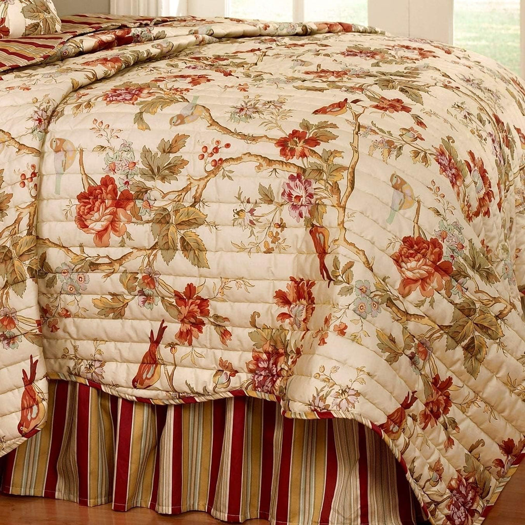 Waverly Charleston Chirp 4 Piece Quilt Set - 100% Cotton Light Weight Bedding with Bed Skirt & 2 Pillow Shams - Full/Queen Papaya