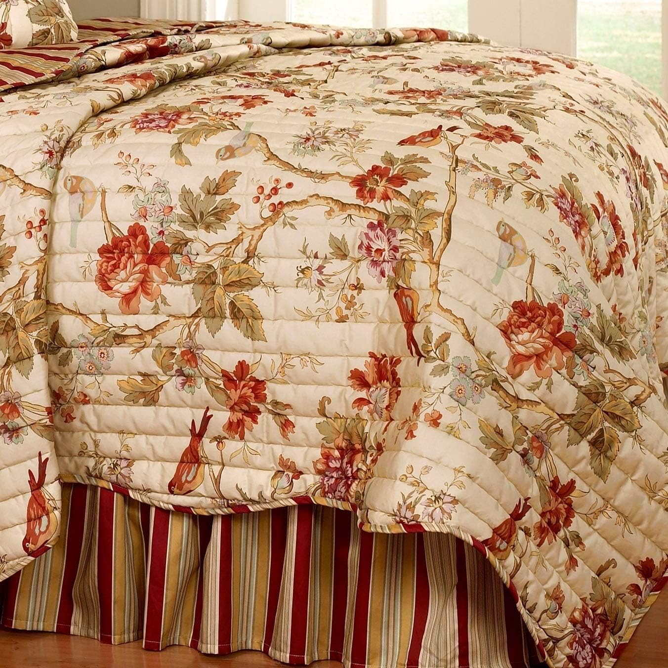 Waverly Charleston Chirp 4 Piece Quilt Set - 100% Cotton Light Weight Bedding with Bed Skirt & 2 Pillow Shams - Full/Queen Papaya