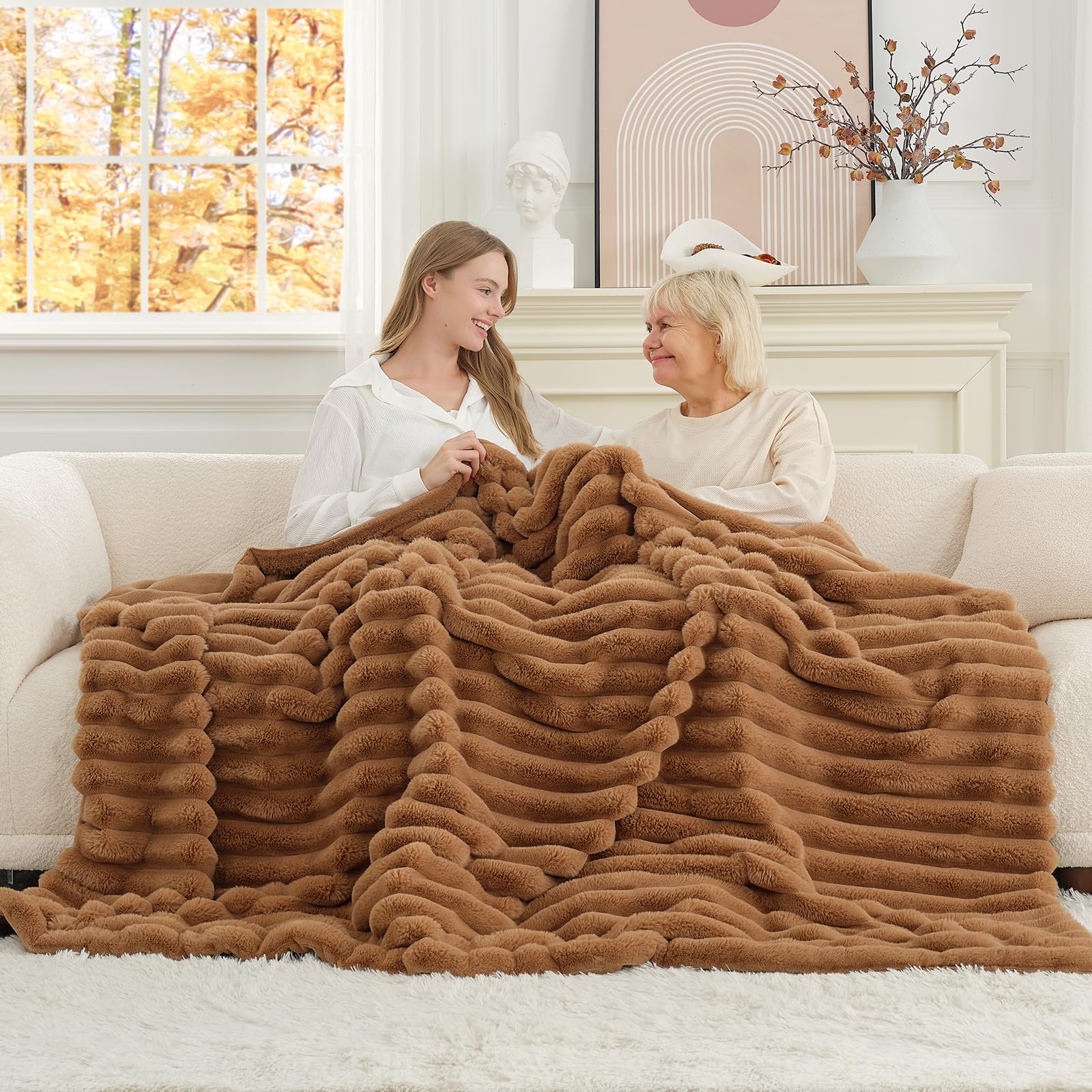 Cozy Bliss Faux Fur Throw Blanket for Couch, Cozy Warm Plush Striped Blanket for Sofa Bedroom Living Room, 50 * 60 Inches Hot Pink