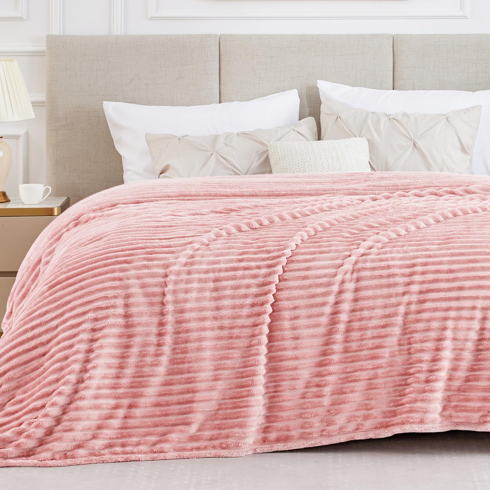 BEDELITE Fleece Throw Blanket for Couch - 300GSM Soft & Warm Fluffy Cream White Blanket, Decorative and Giftable Striped Blankets for Women, Men, 50"x60"