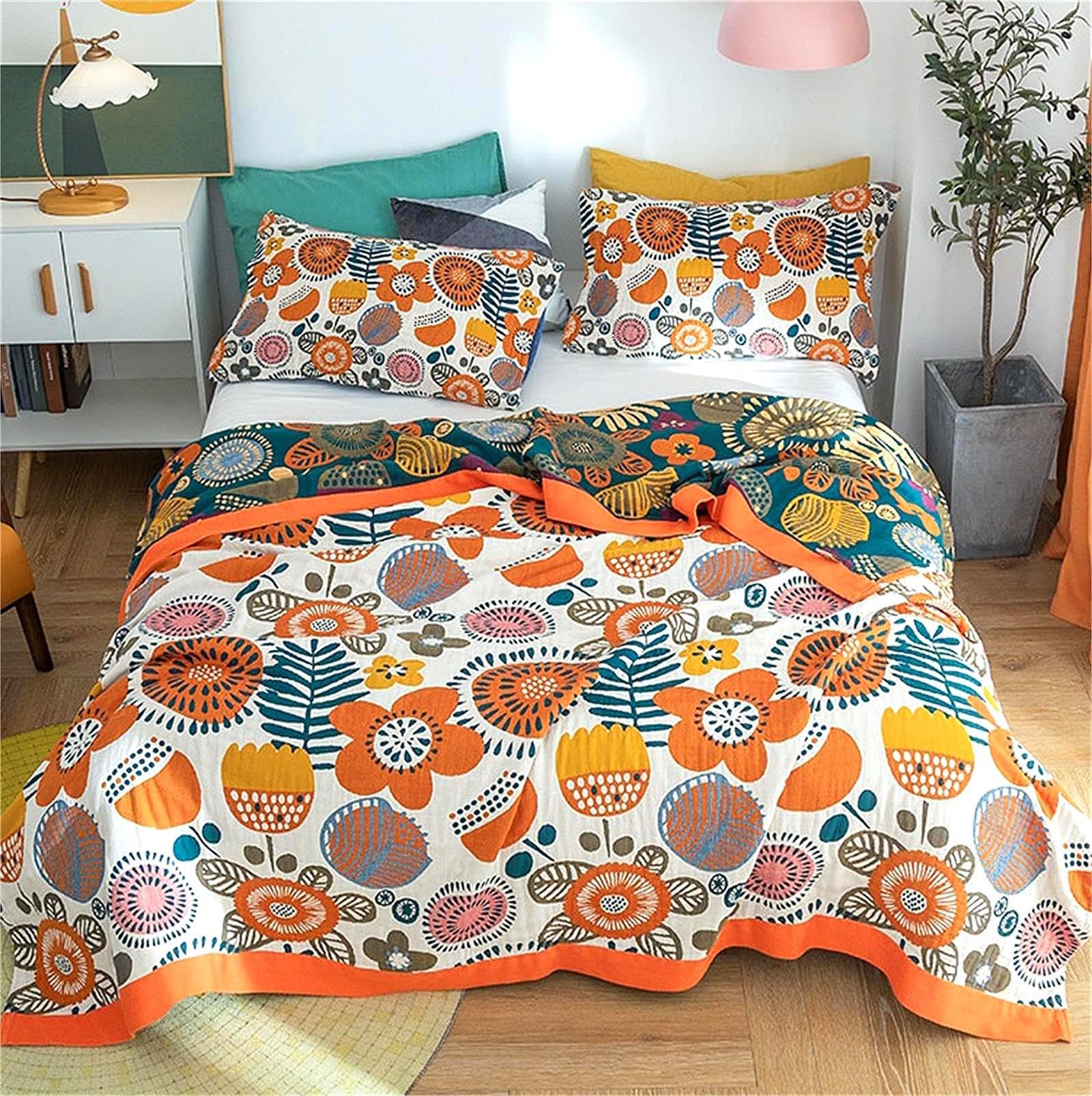 MSGKV Boho Throw Blanket 60''x80'',100% Cotton Blanket for Couch Bed, Summer Breathable Quilt Farmhouse Home Decor Soft Lightweight Picnic Blankets