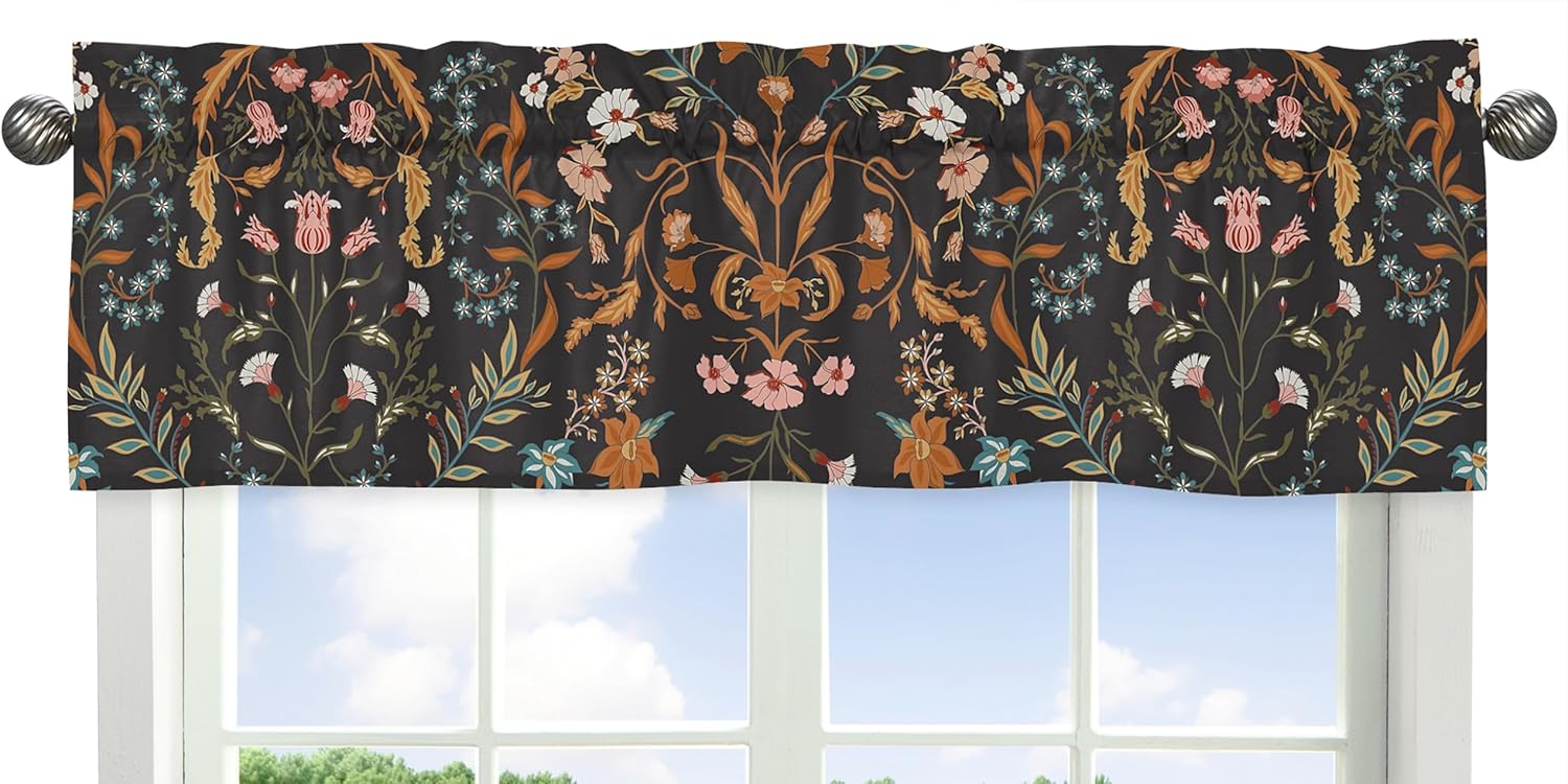Sweet Jojo Designs Boho Wildflower Vintage Floral Girl Window Valance Curtain Treatment Baby Nursery Kids Room Kitchen Bathroom Bedroom Black Orange Teal Bohemian Farmhouse Daisy Botanical Cottagecore