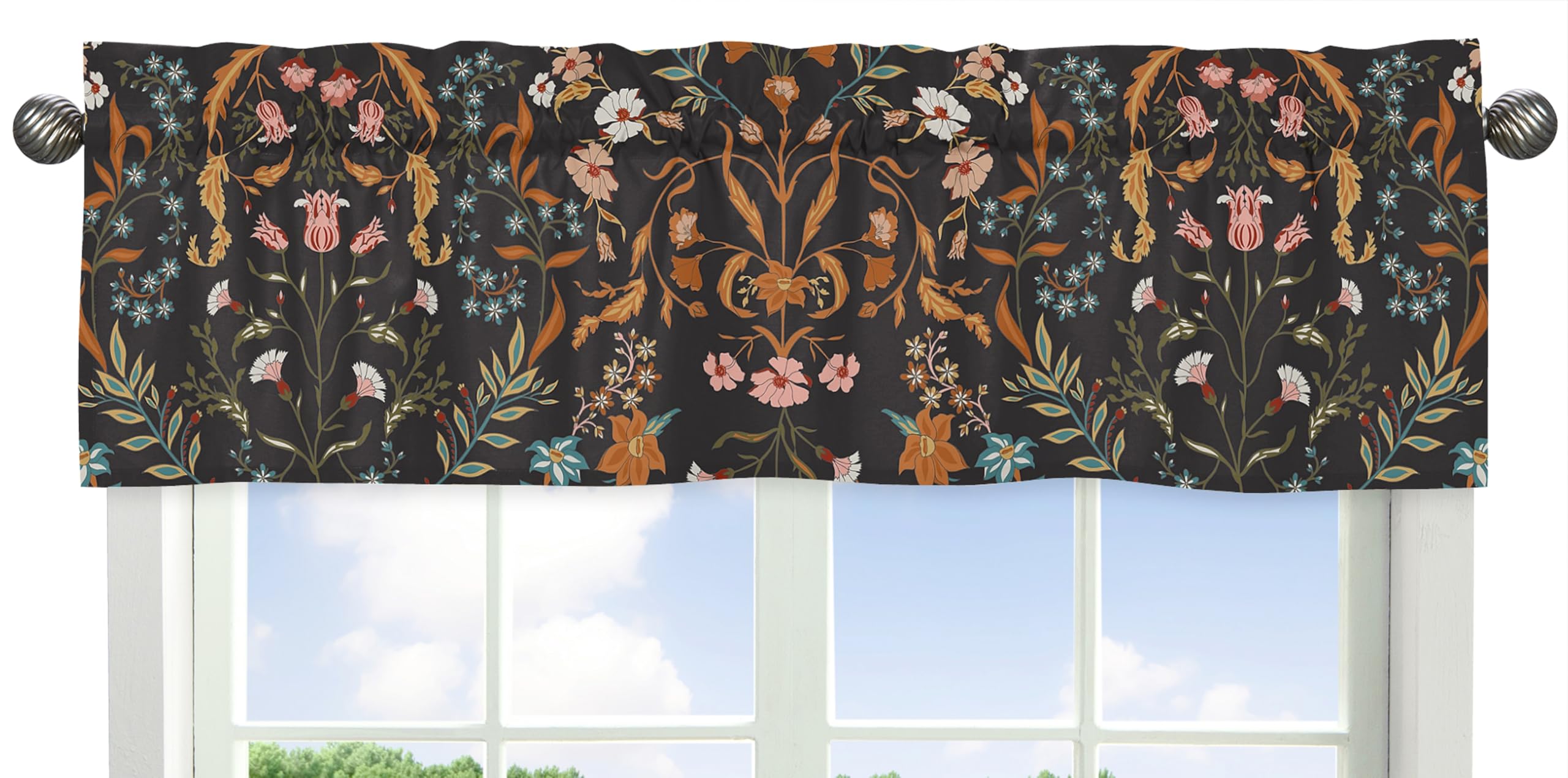 Sweet Jojo Designs Boho Wildflower Vintage Floral Girl Window Valance Curtain Treatment Baby Nursery Kids Room Kitchen Bathroom Bedroom Black Orange Teal Bohemian Farmhouse Daisy Botanical Cottagecore