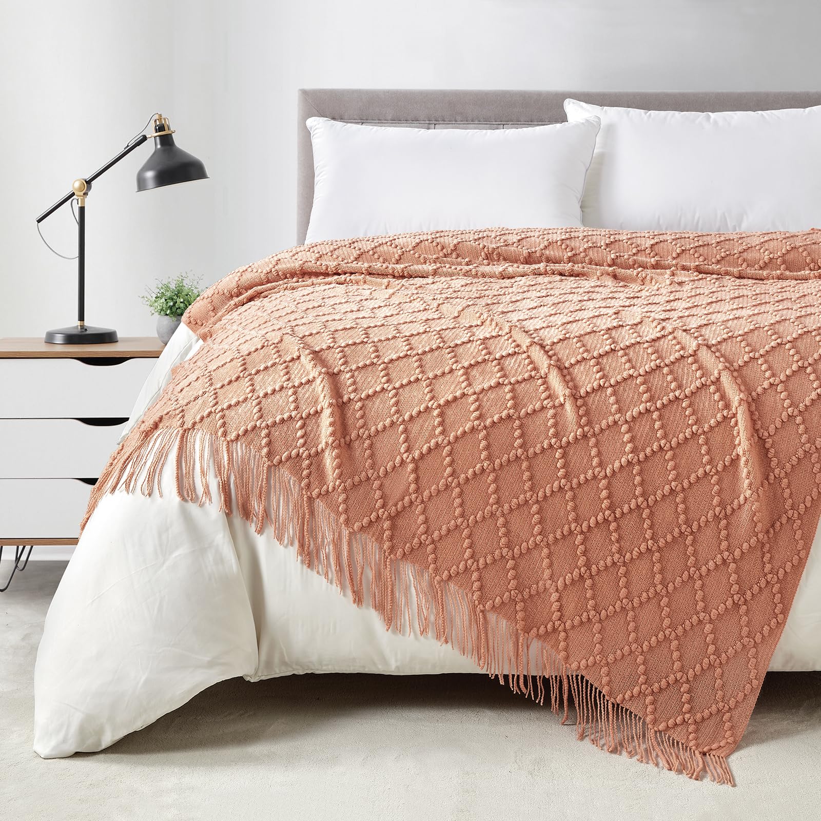 BOURINA Beige Throw Blanket 50x60 Inches Throw Textured Solid Soft Sofa Couch Decorative Knit Blanket