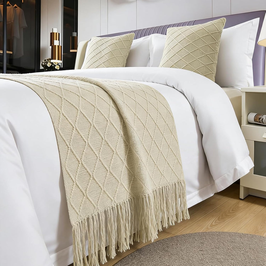 Geometry Bed Runners for King & Queen Size Bed Solid Beige Bed Scarf with Tassel Boho Knit Bed Runner Scarves Decorative for Bedroom Home Hotel (102 x 24 Inches, 1 Piece)