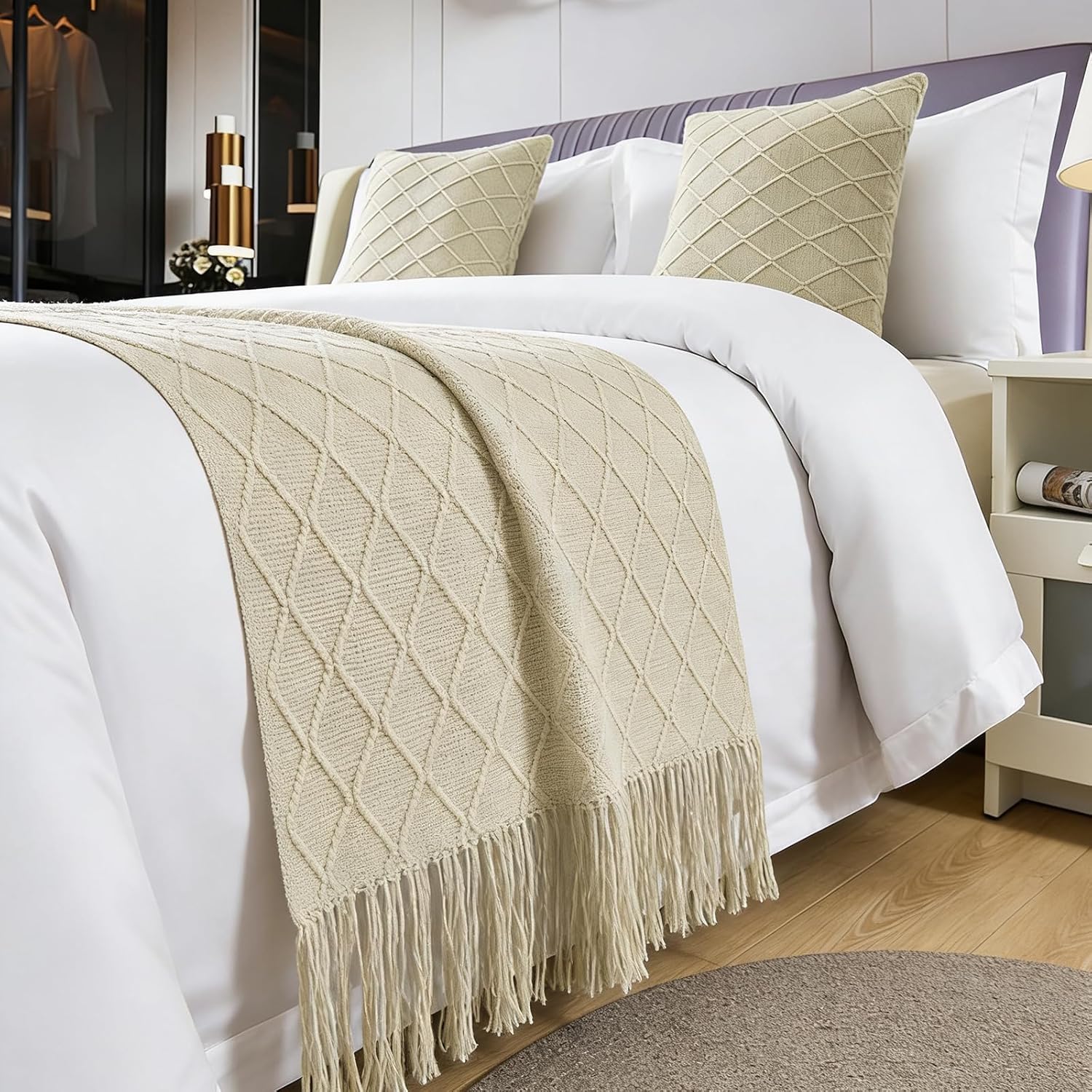 Geometry Bed Runners for King & Queen Size Bed Solid Beige Bed Scarf with Tassel Boho Knit Bed Runner Scarves Decorative for Bedroom Home Hotel (102 x 24 Inches, 1 Piece)