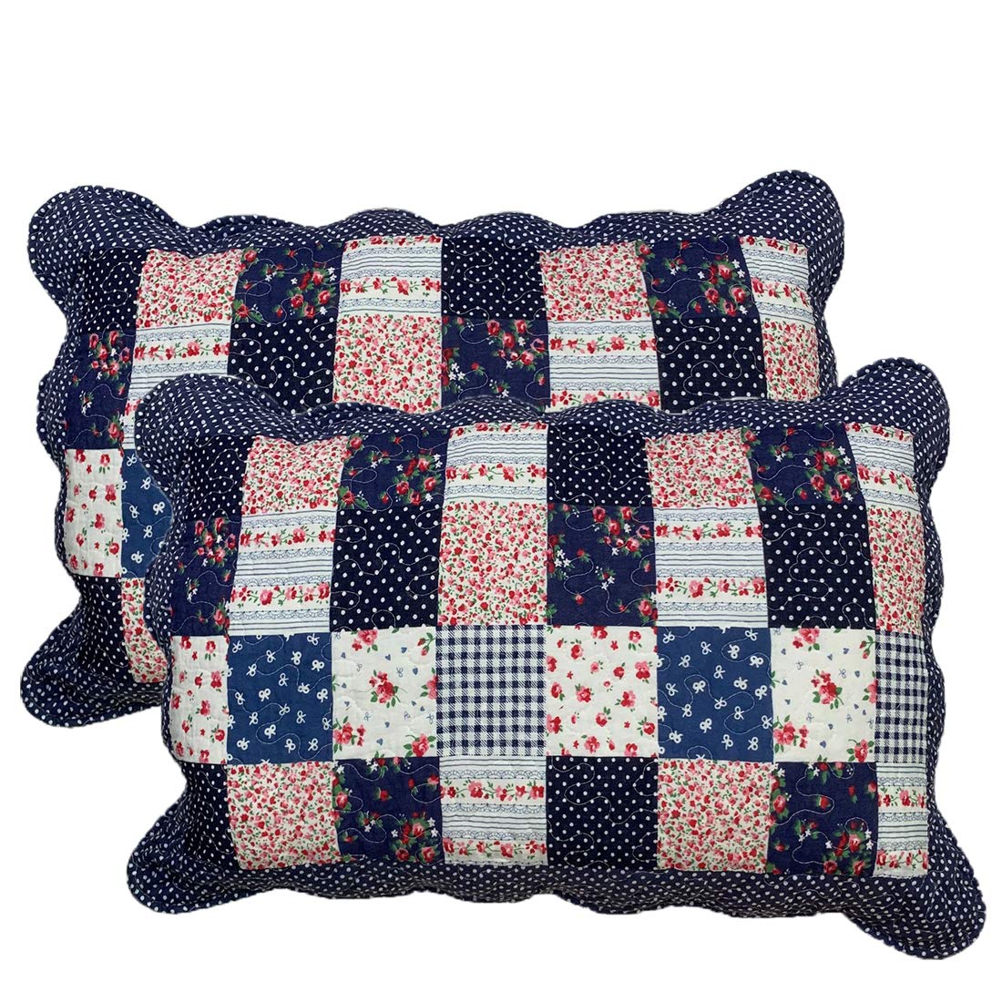 vctops 2-Piece Boho Cotton Quilted Bed Pillow Shams Floral Printed Patchwork Pillow Shams Set, Standard Size (510 Blue, 20"x28")