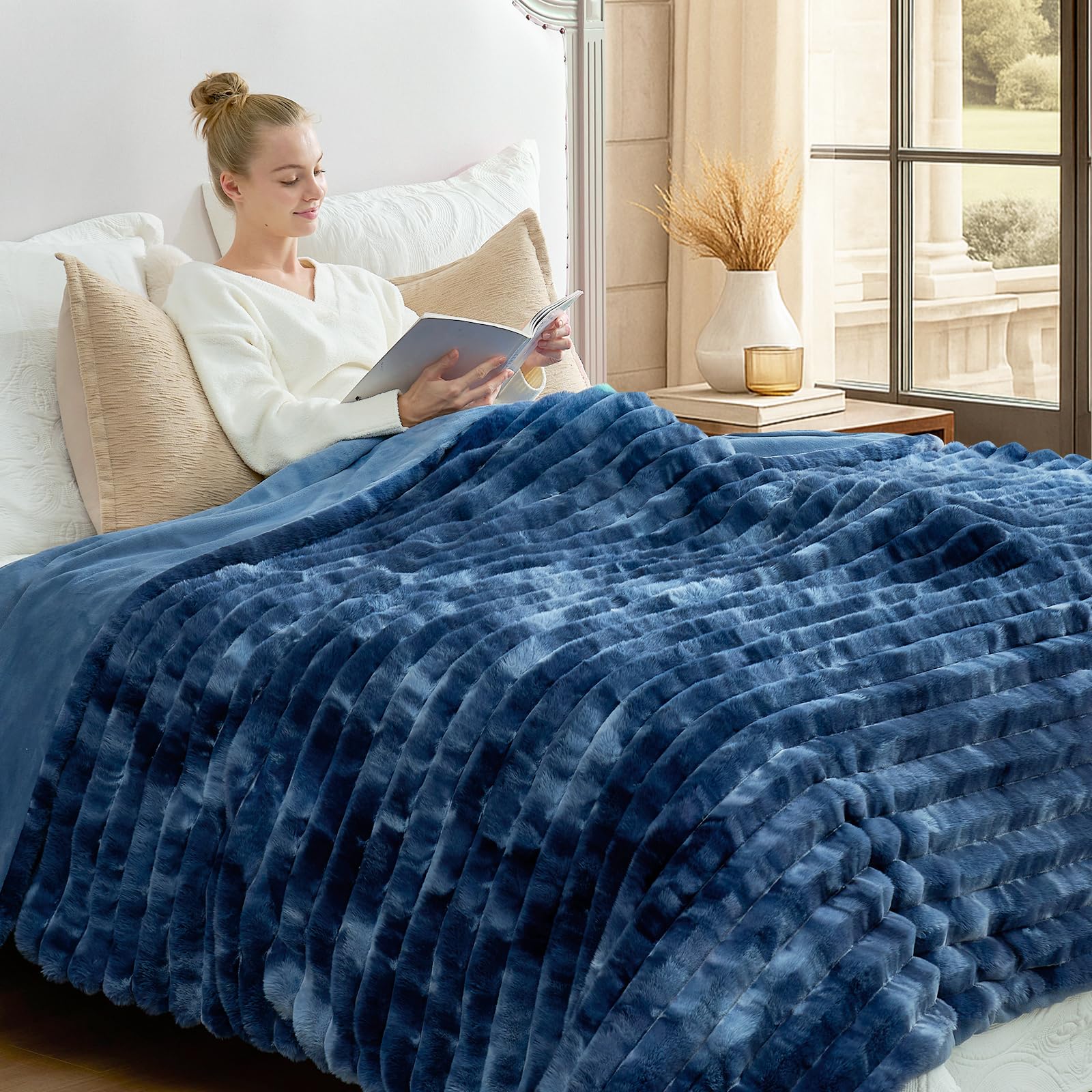 Cozy Bliss Faux Fur Throw Blanket for Couch, Cozy Warm Plush Striped Blanket for Sofa Bedroom Living Room, 50 * 60 Inches Hot Pink