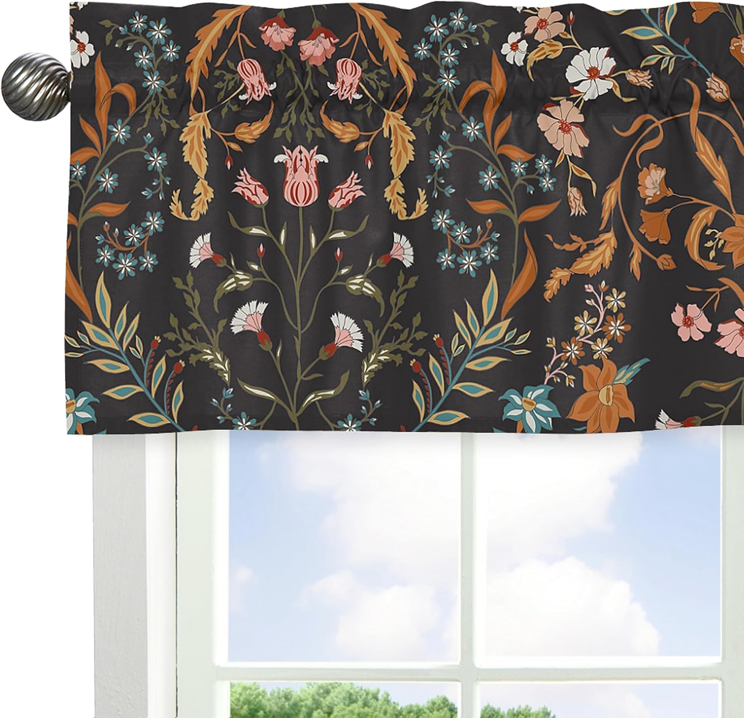 Sweet Jojo Designs Boho Wildflower Vintage Floral Girl Window Valance Curtain Treatment Baby Nursery Kids Room Kitchen Bathroom Bedroom Black Orange Teal Bohemian Farmhouse Daisy Botanical Cottagecore