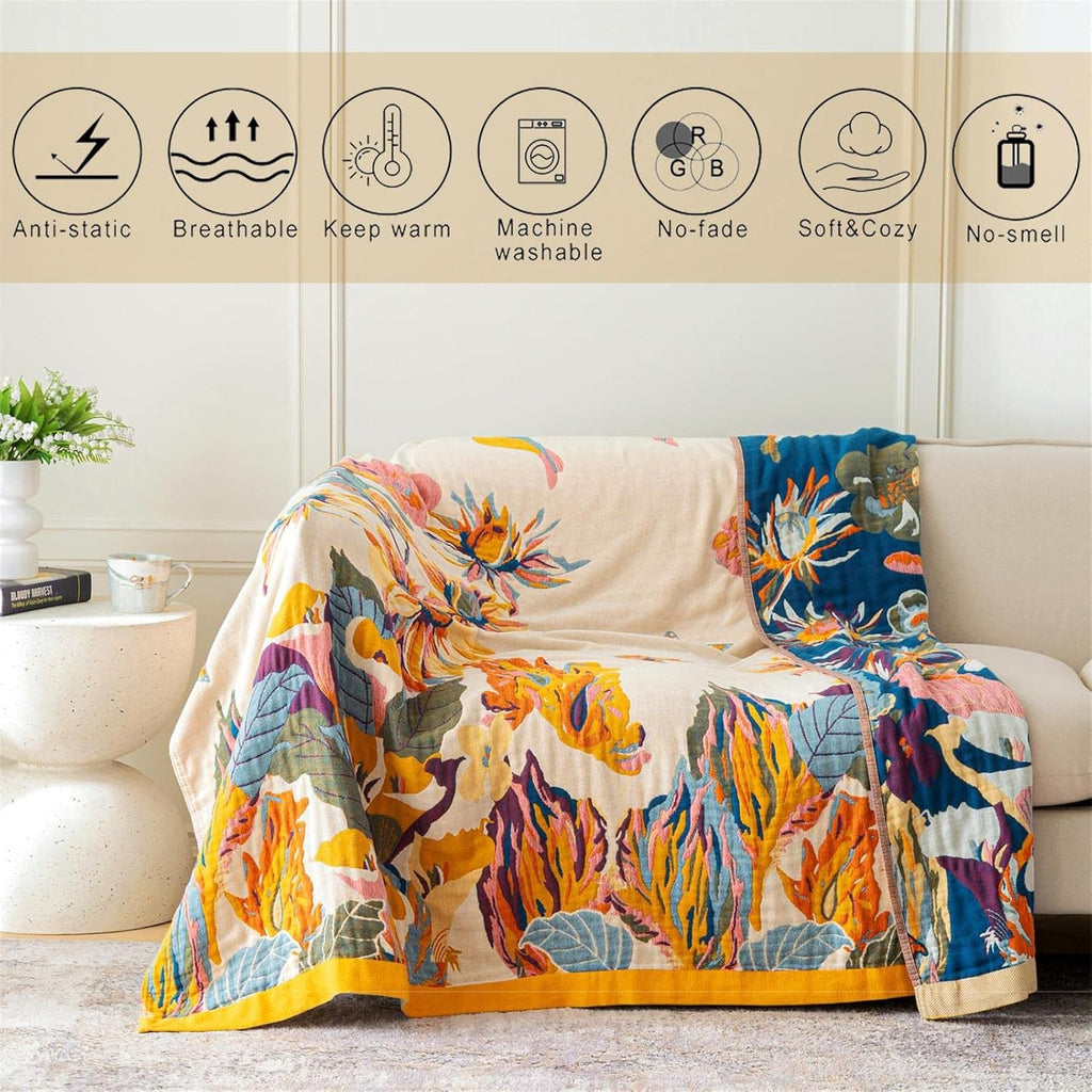 MSGKV Boho Throw Blanket 60''x80'',100% Cotton Blanket for Couch Bed, Summer Breathable Quilt Farmhouse Home Decor Soft Lightweight Picnic Blankets