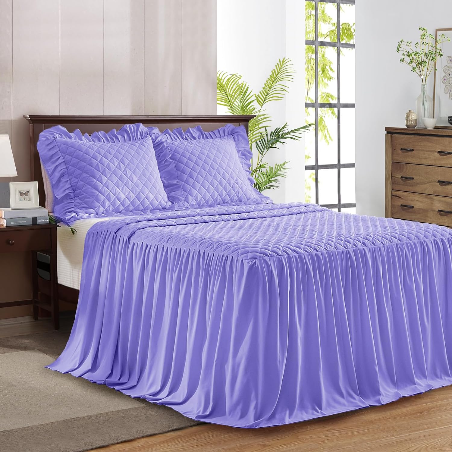 Ruffle Skirt Bedspread Set - 30" Long Drop - Vintage Chic Ruffled Summer Coverlet Bed Spreads Quilt Boho Bedding Farmhouse Style Lightweight Luxurious Rustic 2 Piece Set Twin Size Black