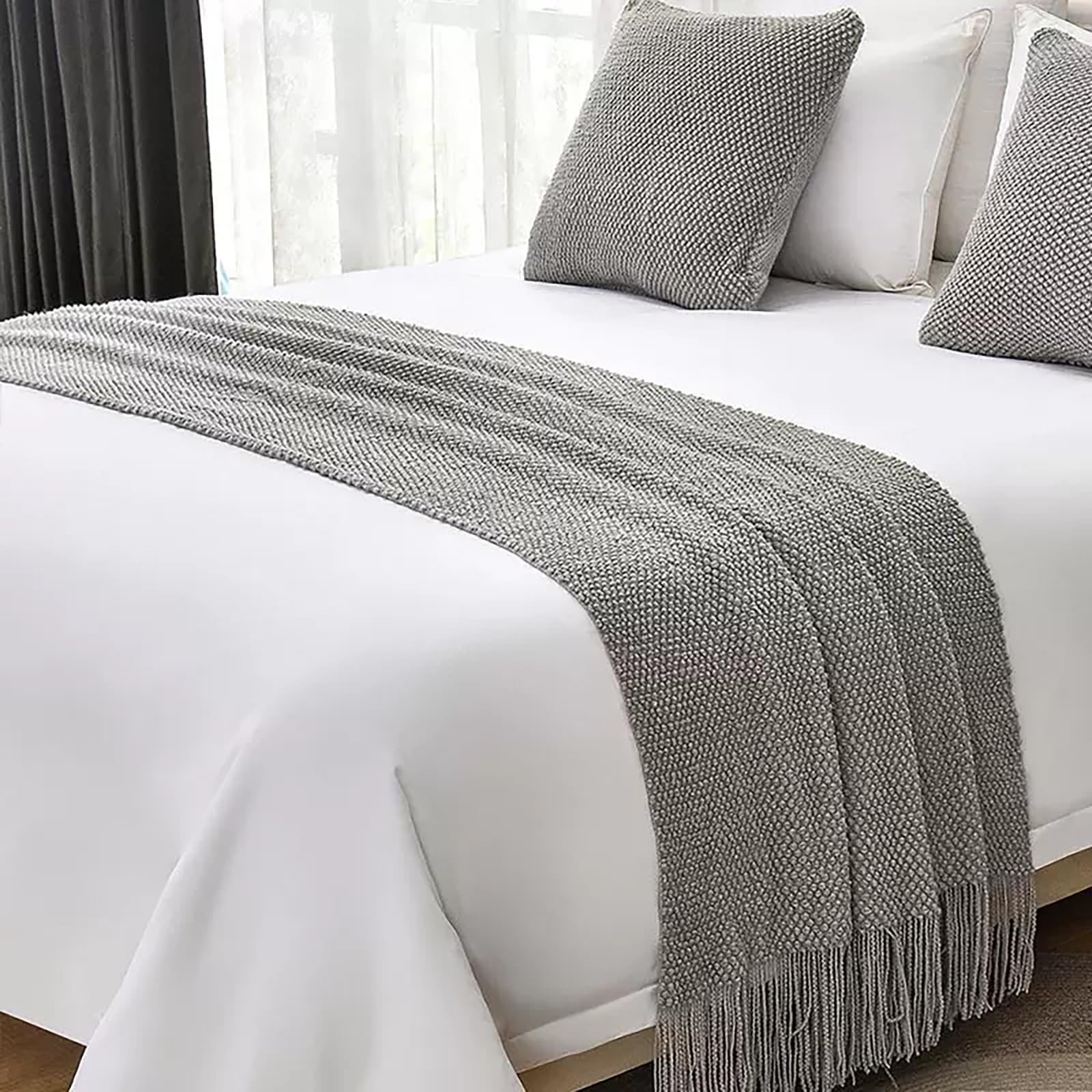 Geometry Bed Runners for King & Queen Size Bed Solid Beige Bed Scarf with Tassel Boho Knit Bed Runner Scarves Decorative for Bedroom Home Hotel (102 x 24 Inches, 1 Piece)