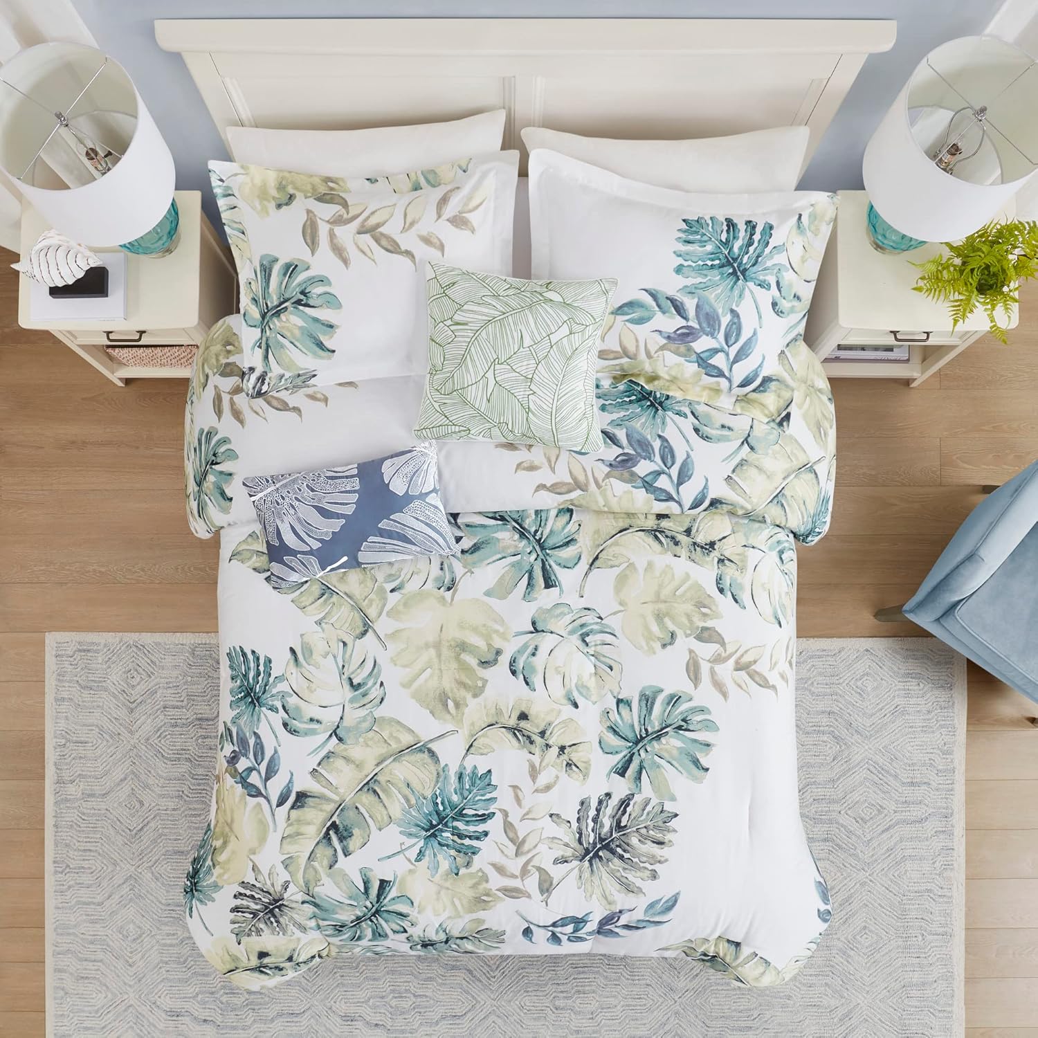Harbor House Cozy Cotton Comforter Set - Coastal, All Season Down Alternative Casual Bedding with Matching Shams, Decorative Pillows, Lorelai, Monstera Leaf Green Queen(92"x96") 6 Piece
